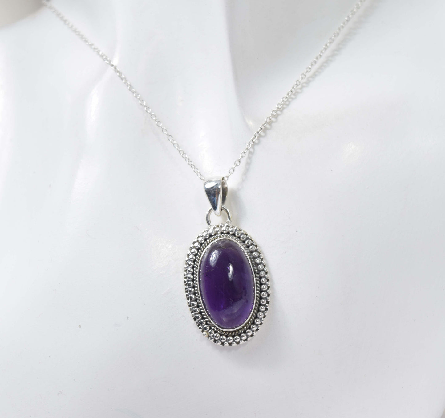 925 Solid Sterling Silver Purple Amethyst Chain Pendant-19.5 Inch