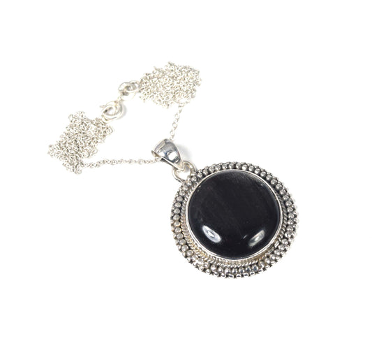 925 Solid Sterling Silver Black Onyx Chain Pendant-19.5 Inch