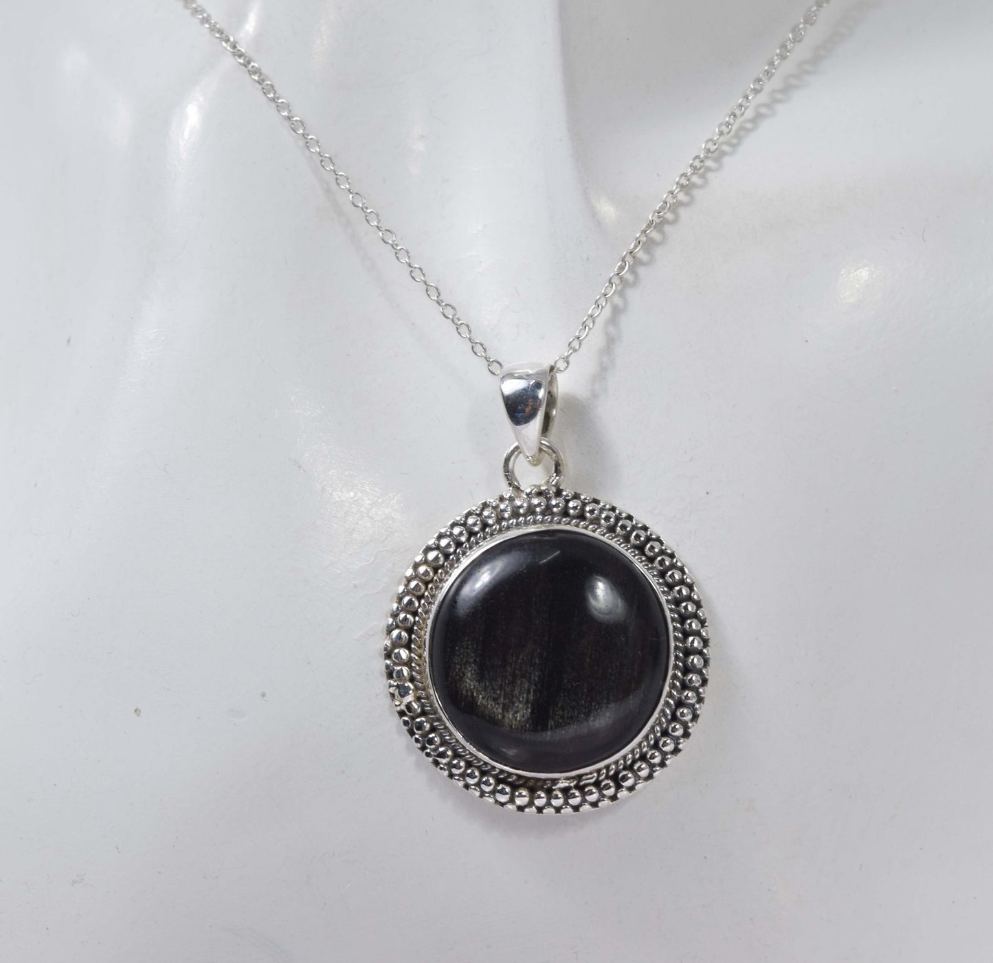 925 Solid Sterling Silver Black Onyx Chain Pendant-19.5 Inch