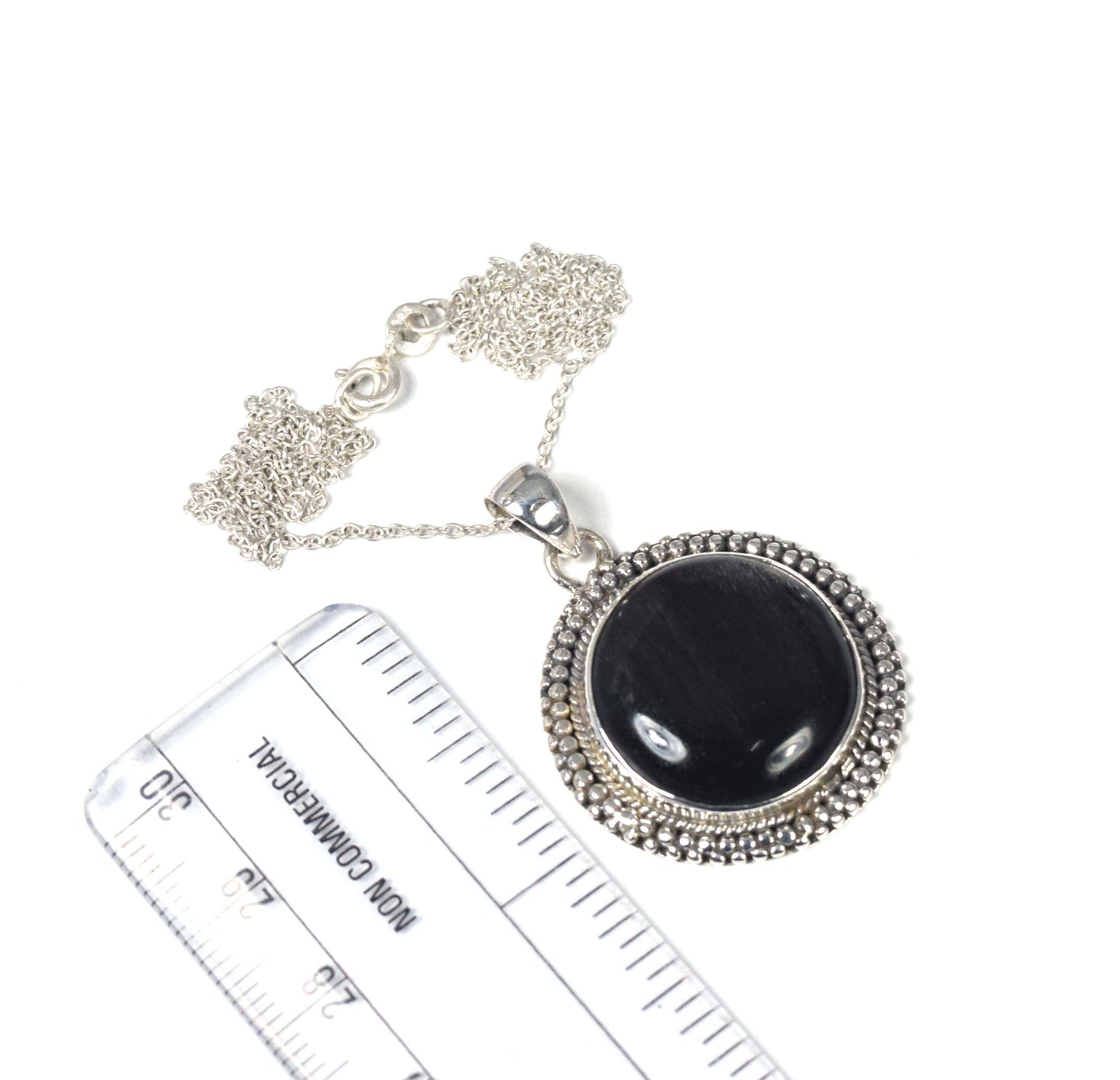 925 Solid Sterling Silver Black Onyx Chain Pendant-19.5 Inch