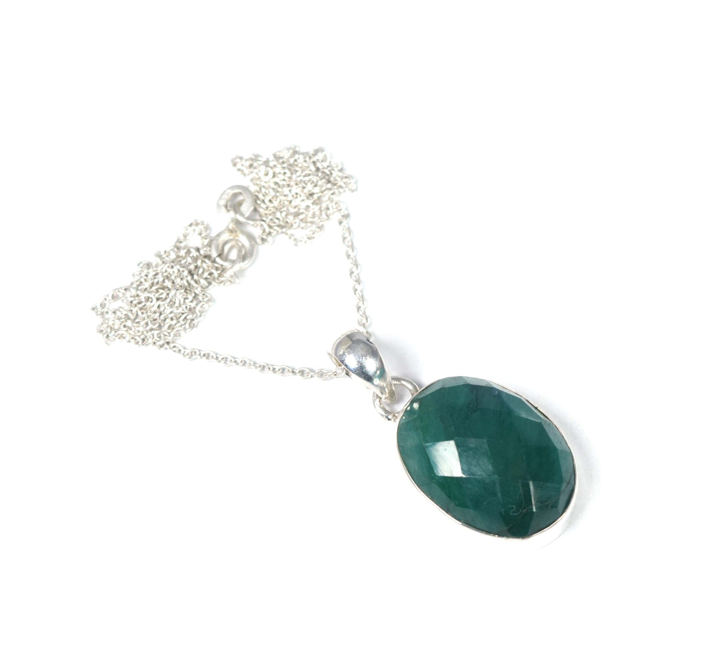925 Solid Sterling Silver Cut Green Simulated Emerald Chain Pendant