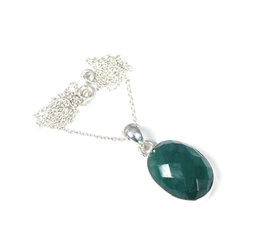 925 Solid Sterling Silver Cut Green Simulated Emerald Chain Pendant