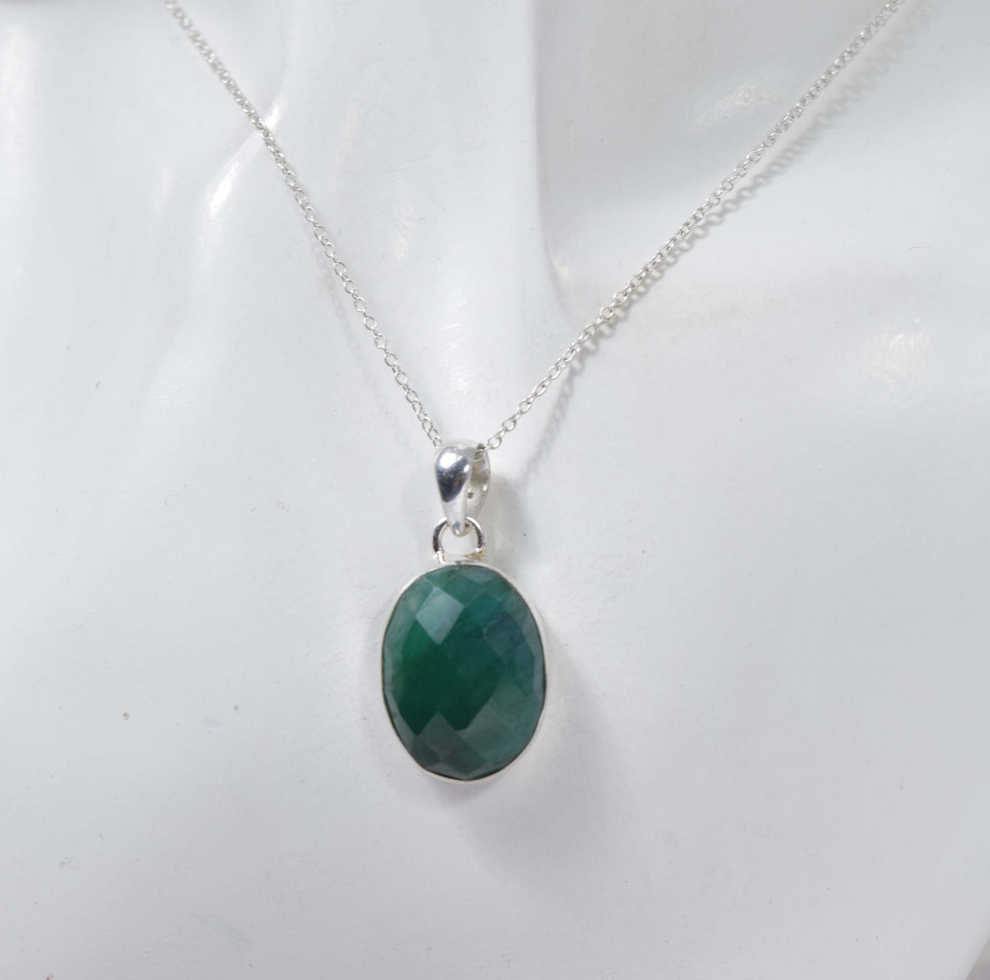 925 Solid Sterling Silver Cut Green Simulated Emerald Chain Pendant
