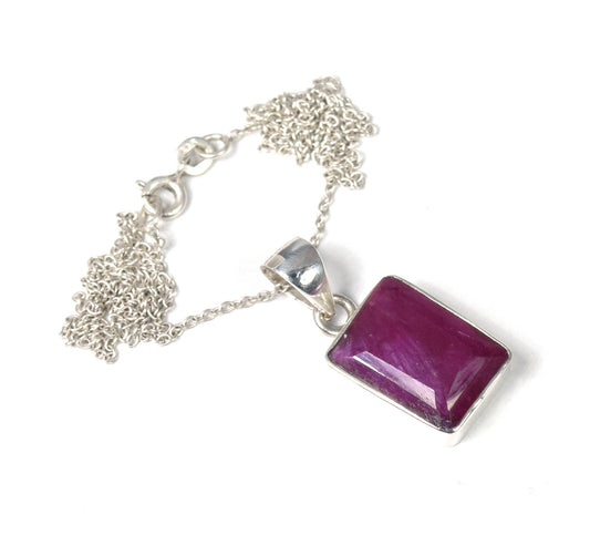 925 Solid Sterling Cut Simulated Ruby Chain Pendant- 19 INCH