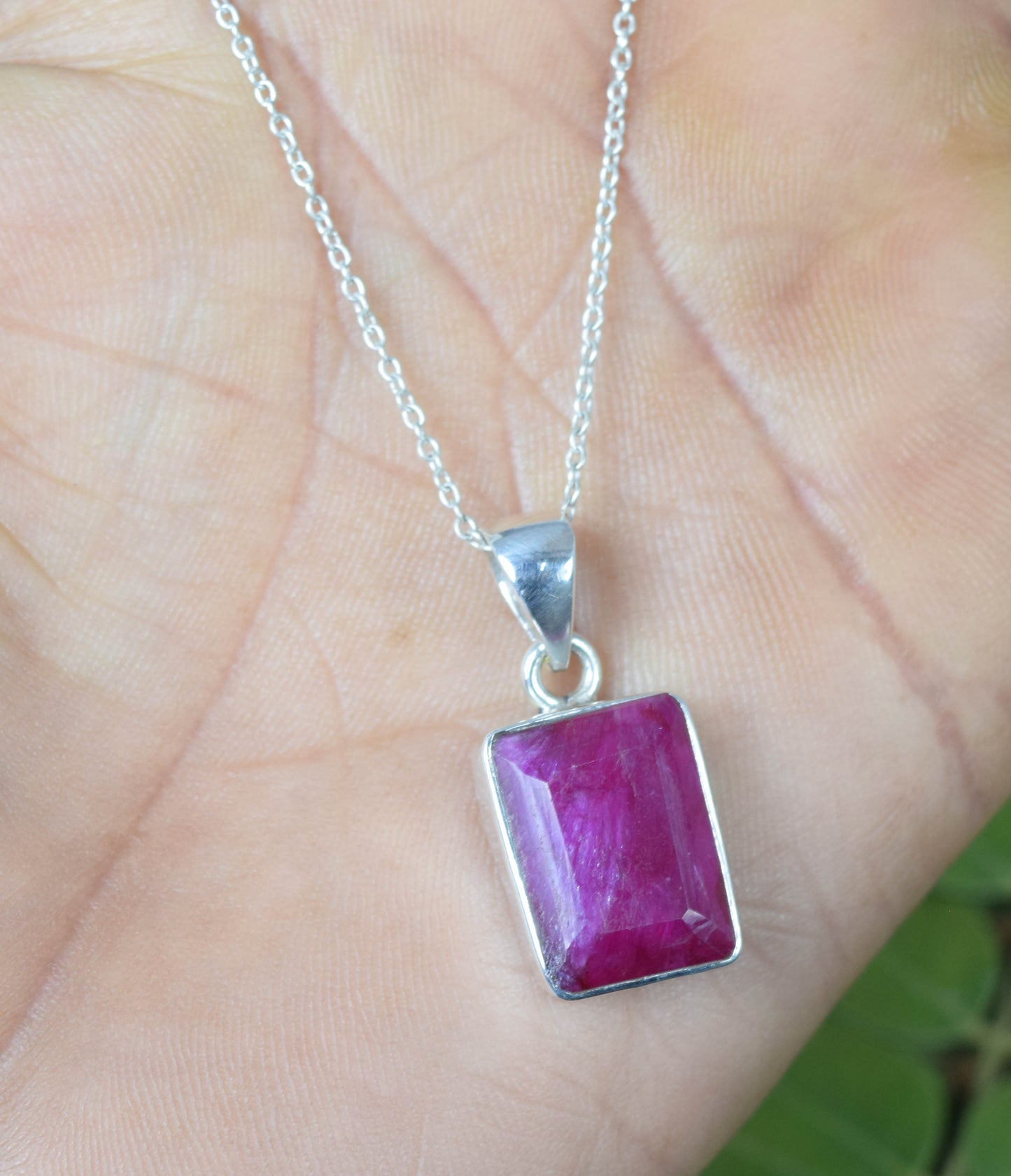 925 Solid Sterling Cut Simulated Ruby Chain Pendant- 19 INCH