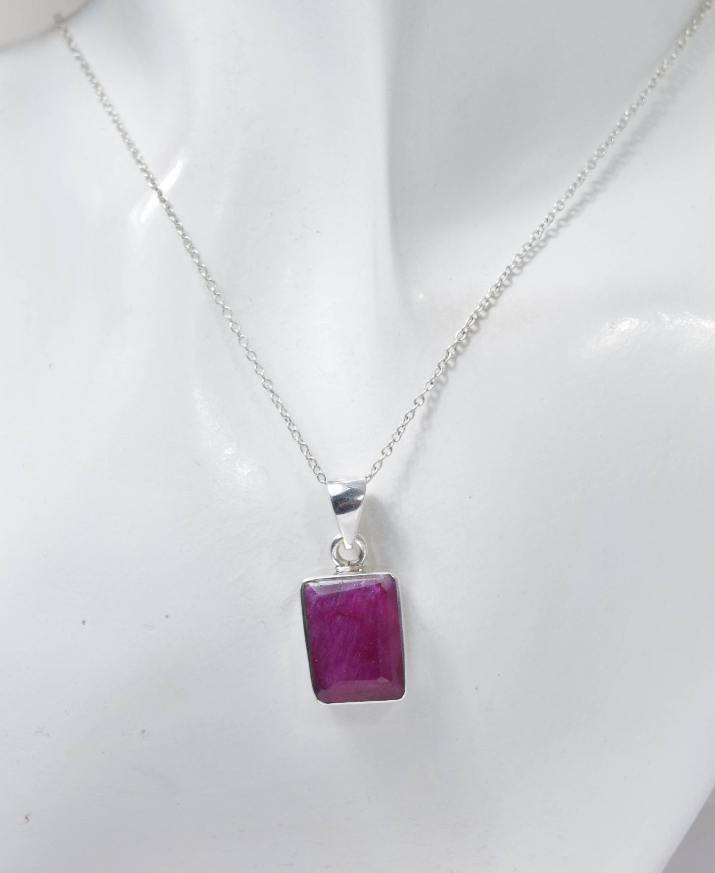 925 Solid Sterling Cut Simulated Ruby Chain Pendant- 19 INCH