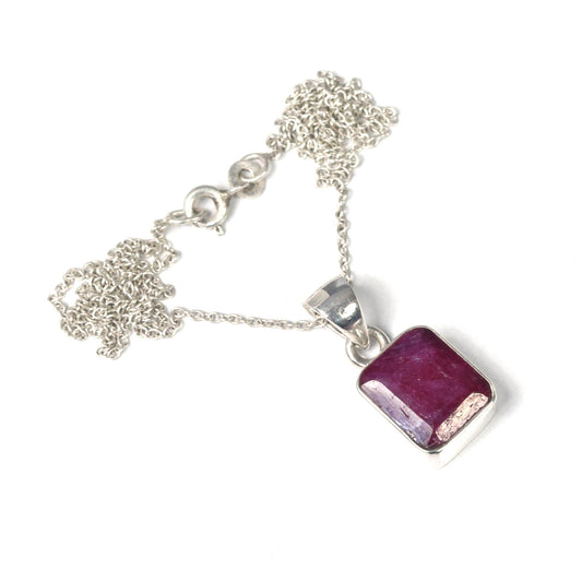 925 Solid Sterling Cut Simulated Ruby Chain Pendant- 19 INCH
