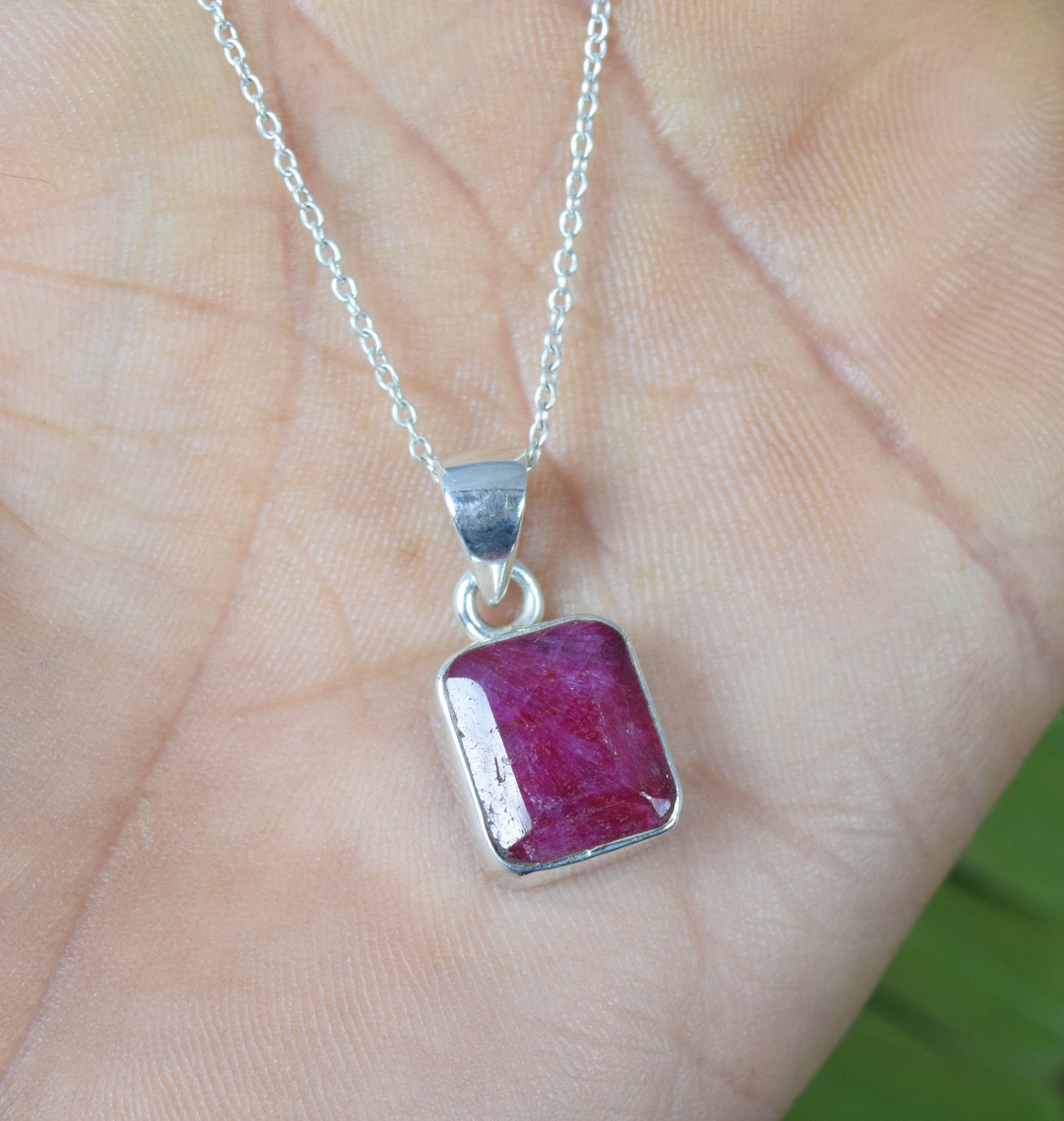 925 Solid Sterling Cut Simulated Ruby Chain Pendant- 19 INCH