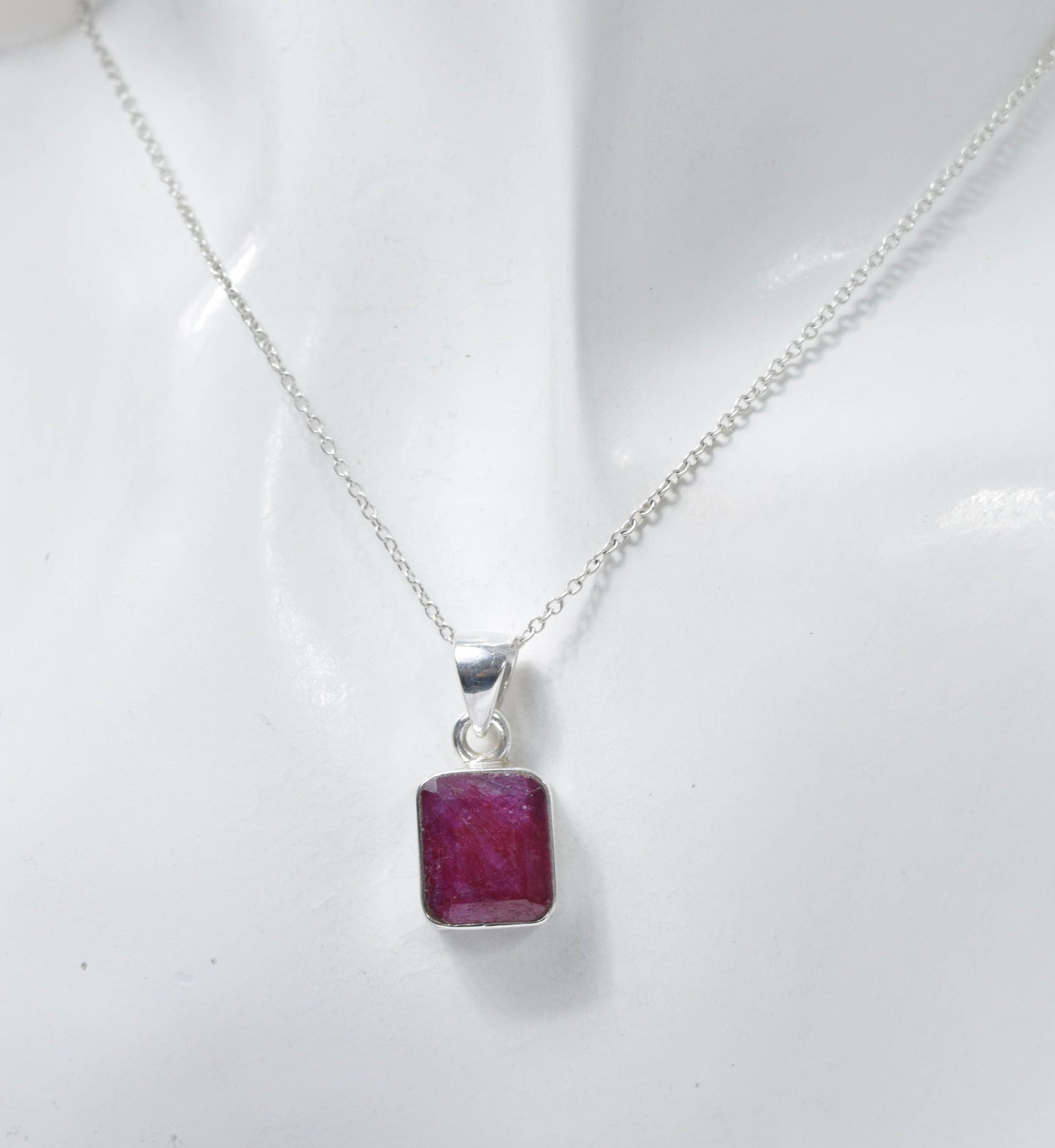 925 Solid Sterling Cut Simulated Ruby Chain Pendant- 19 INCH