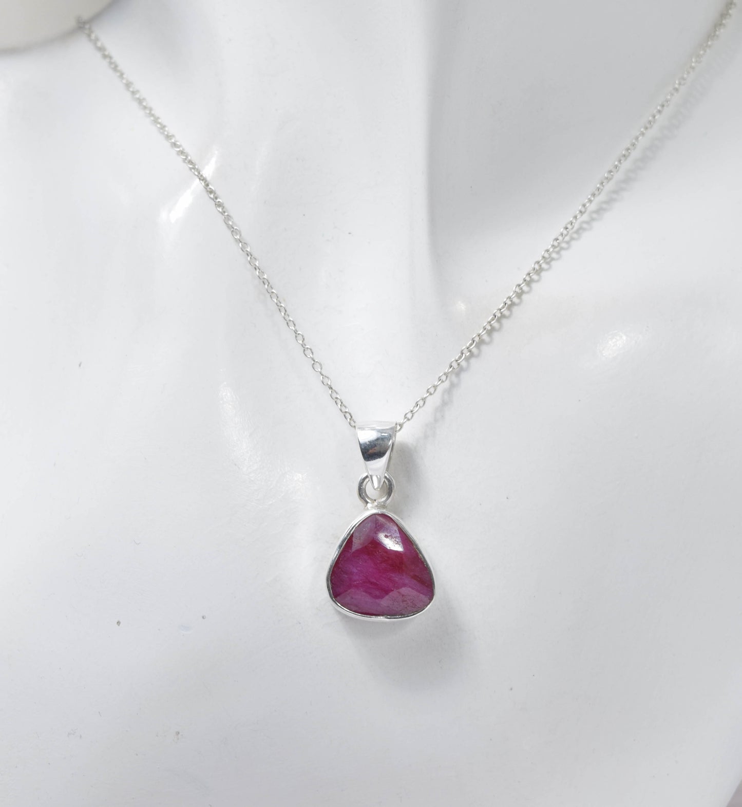 925 Solid Sterling Cut Simulated Ruby Chain Pendant- 19 INCH