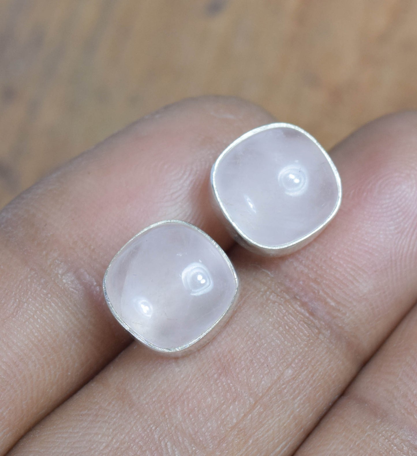 925 Solid Sterling Silver Pink Rose Quartz Stud Earring