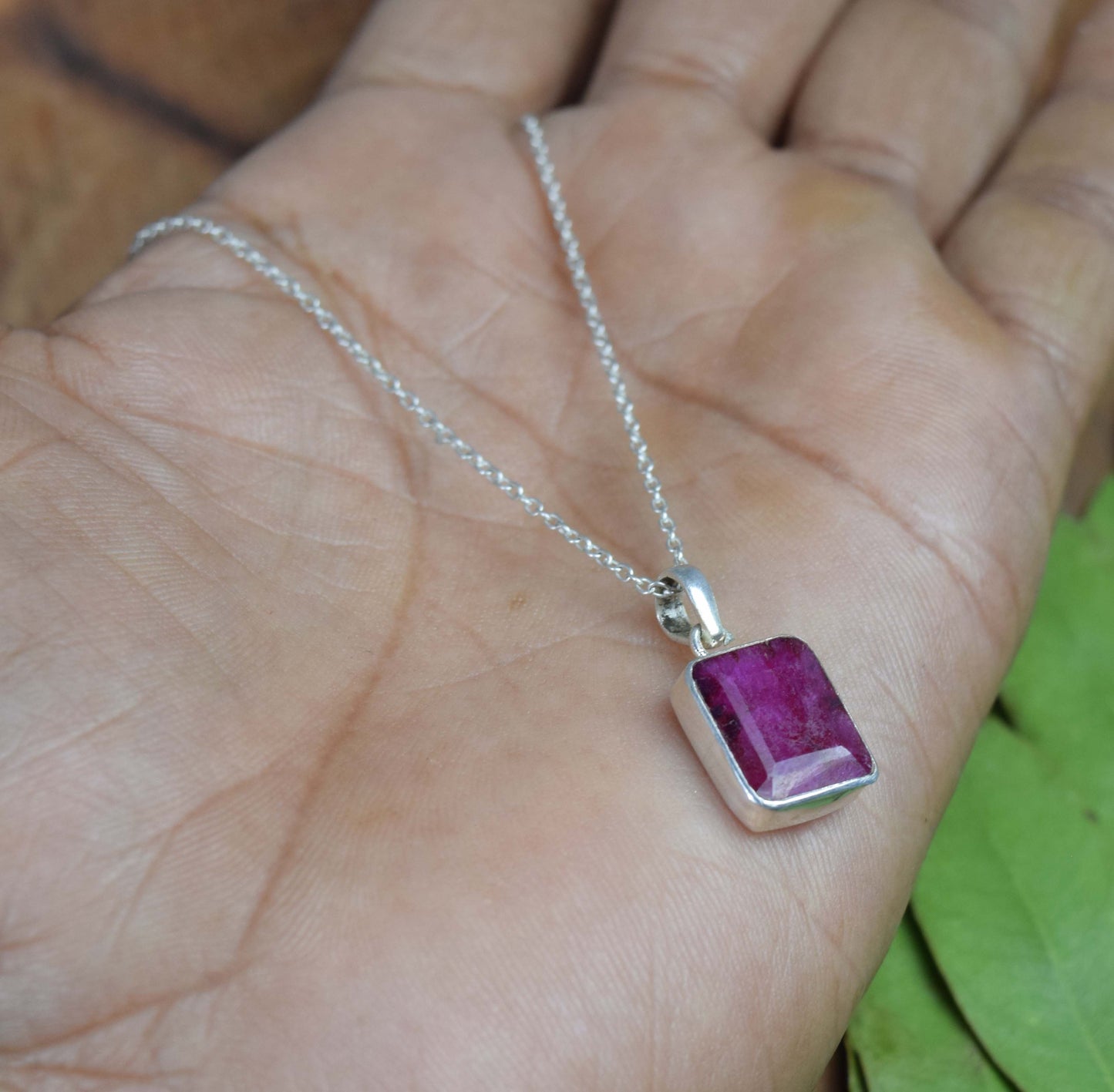 925 Solid Sterling Simulated Ruby Chain Pendant-18.6 Inch