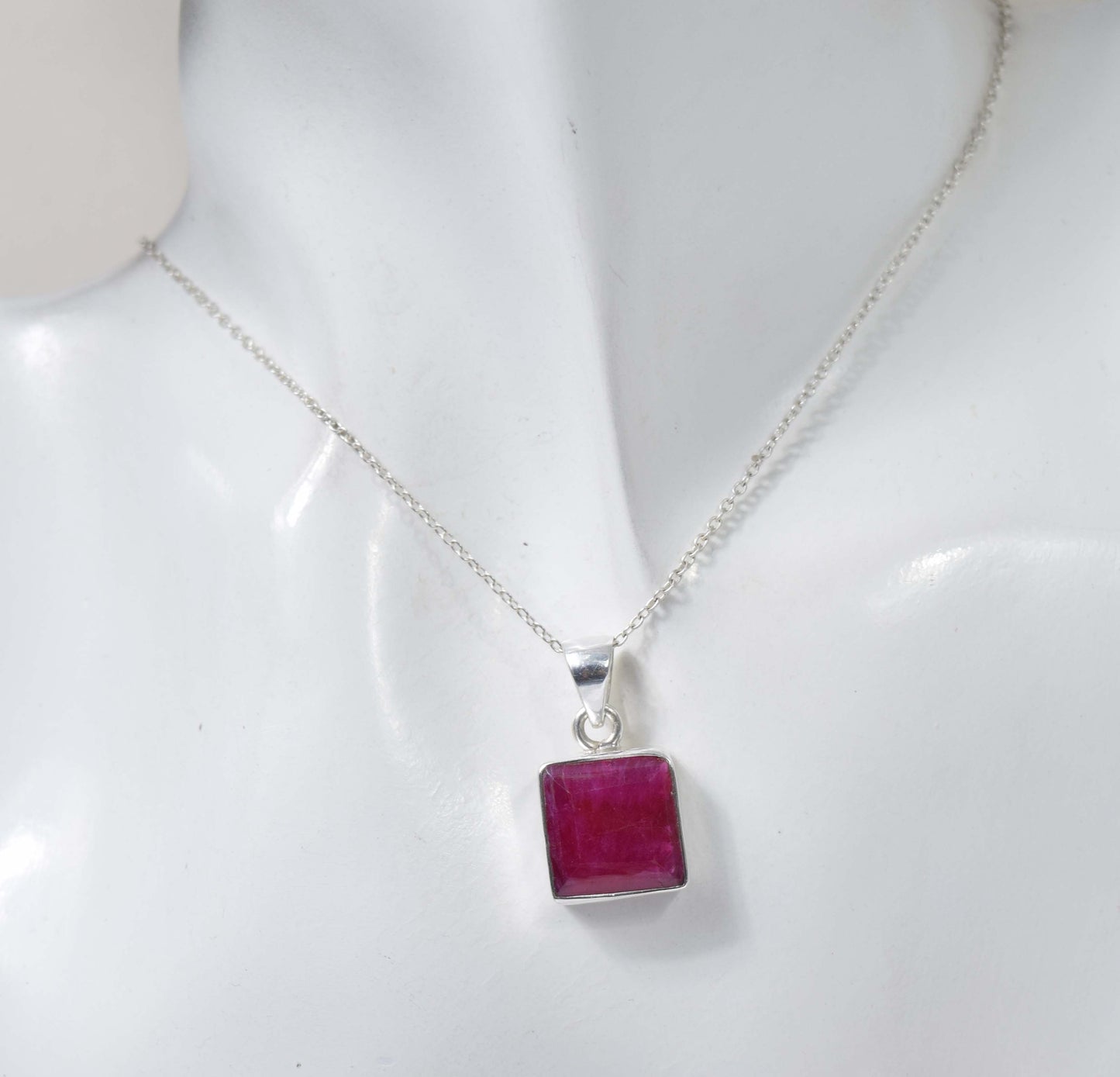 925 Solid Sterling Simulated Ruby Chain Pendant-18.8 Inch