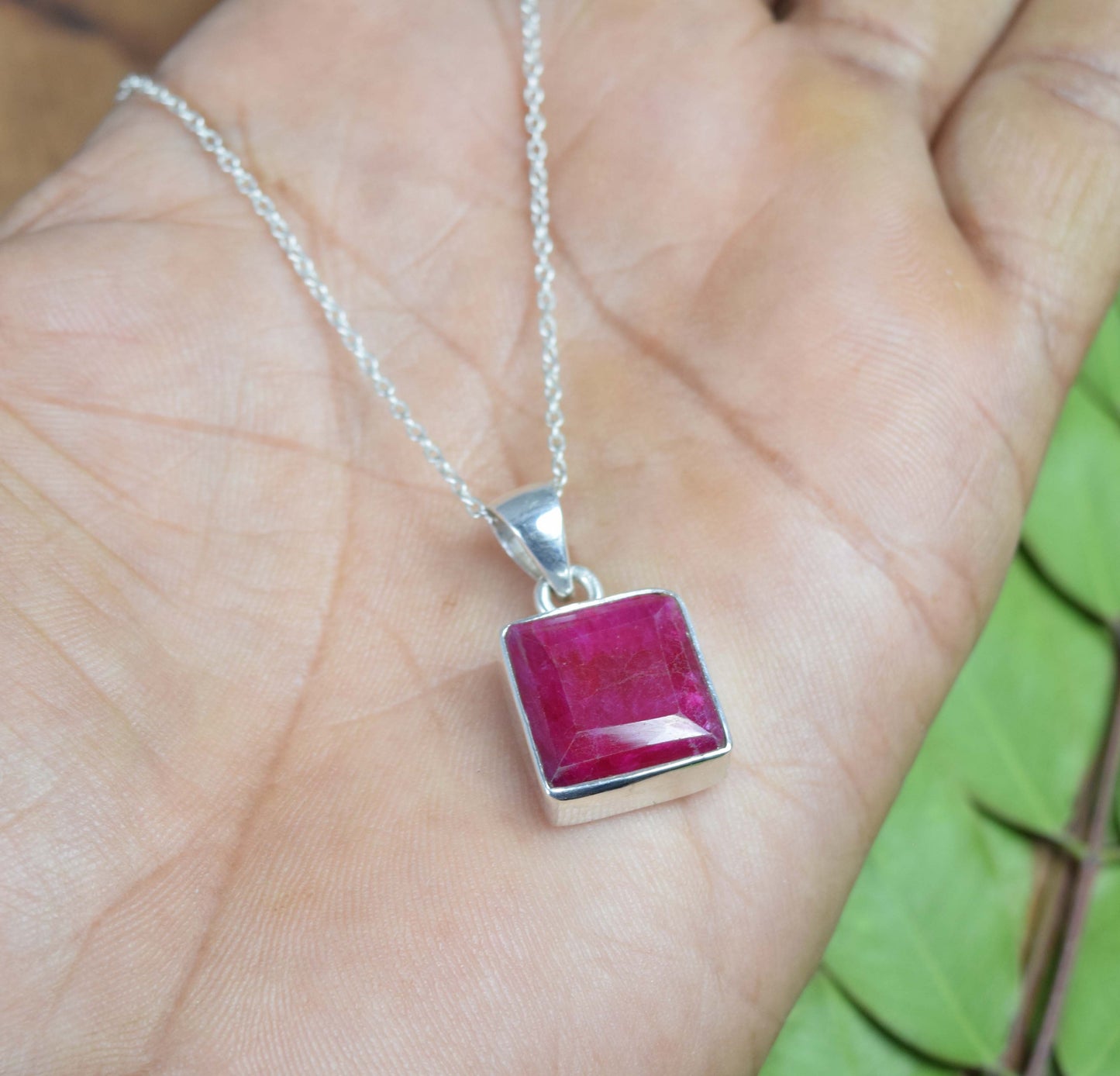 925 Solid Sterling Simulated Ruby Chain Pendant-19 Inch