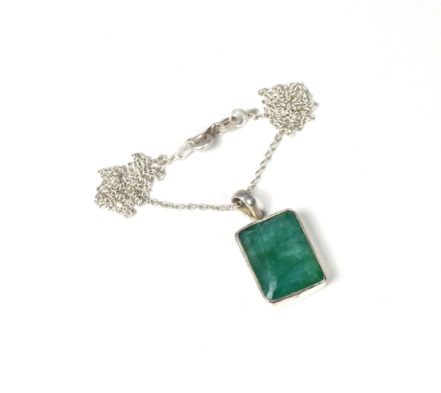925 Solid Sterling Silver Cut Green Simulated Emerald Chain Pendant-19 Inch