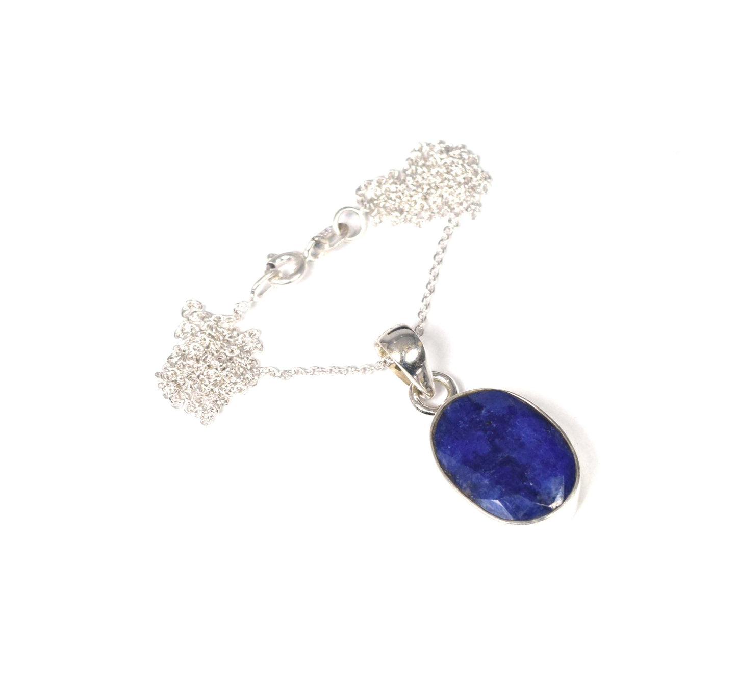925 Solid Sterling Silver Cut Blue Simulated Sapphire Chain Pendant-19.2 Inch