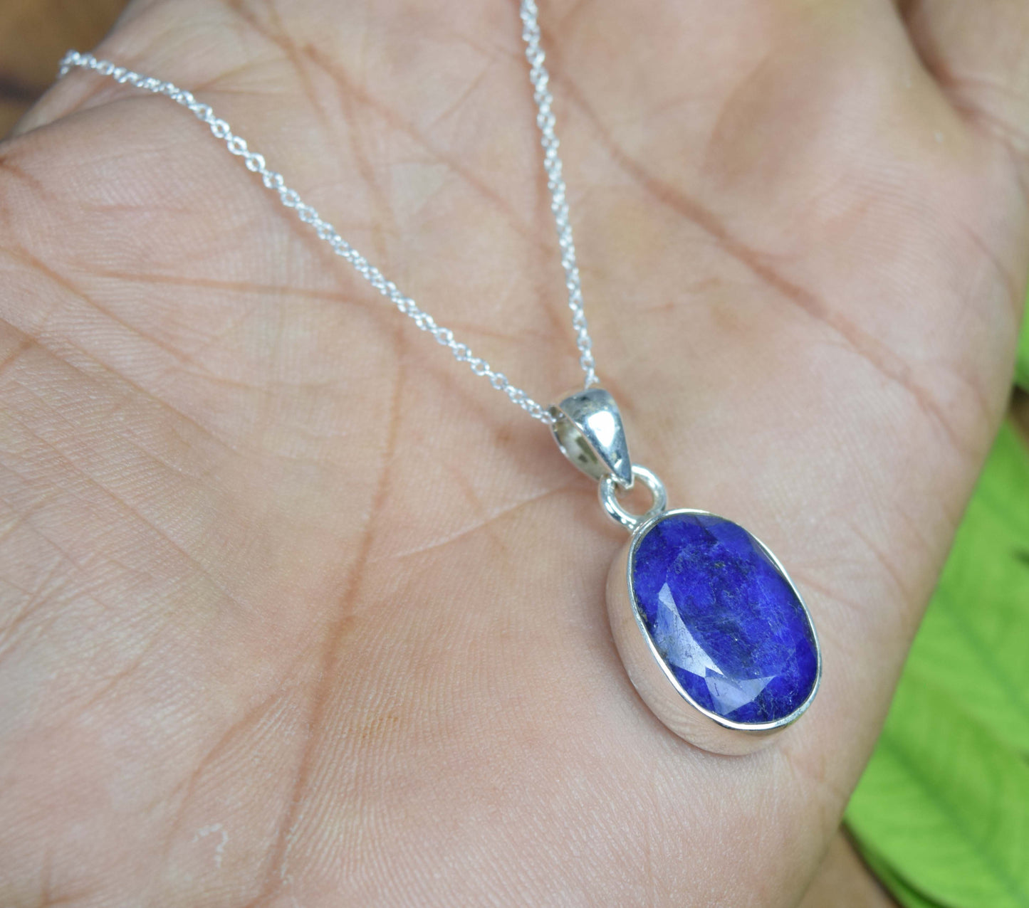 925 Solid Sterling Silver Cut Blue Simulated Sapphire Chain Pendant-19.2 Inch