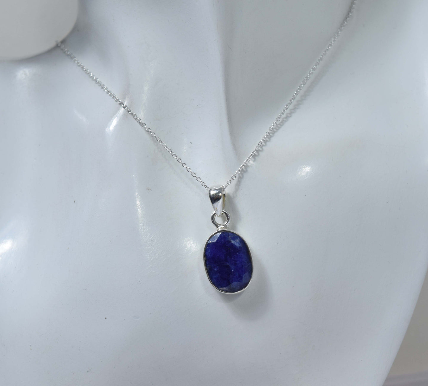 925 Solid Sterling Silver Cut Blue Simulated Sapphire Chain Pendant-19.2 Inch