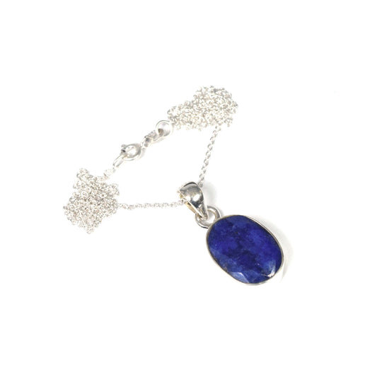 925 Solid Sterling Silver Cut Blue Simulated Sapphire Chain Pendant-19.2 Inch