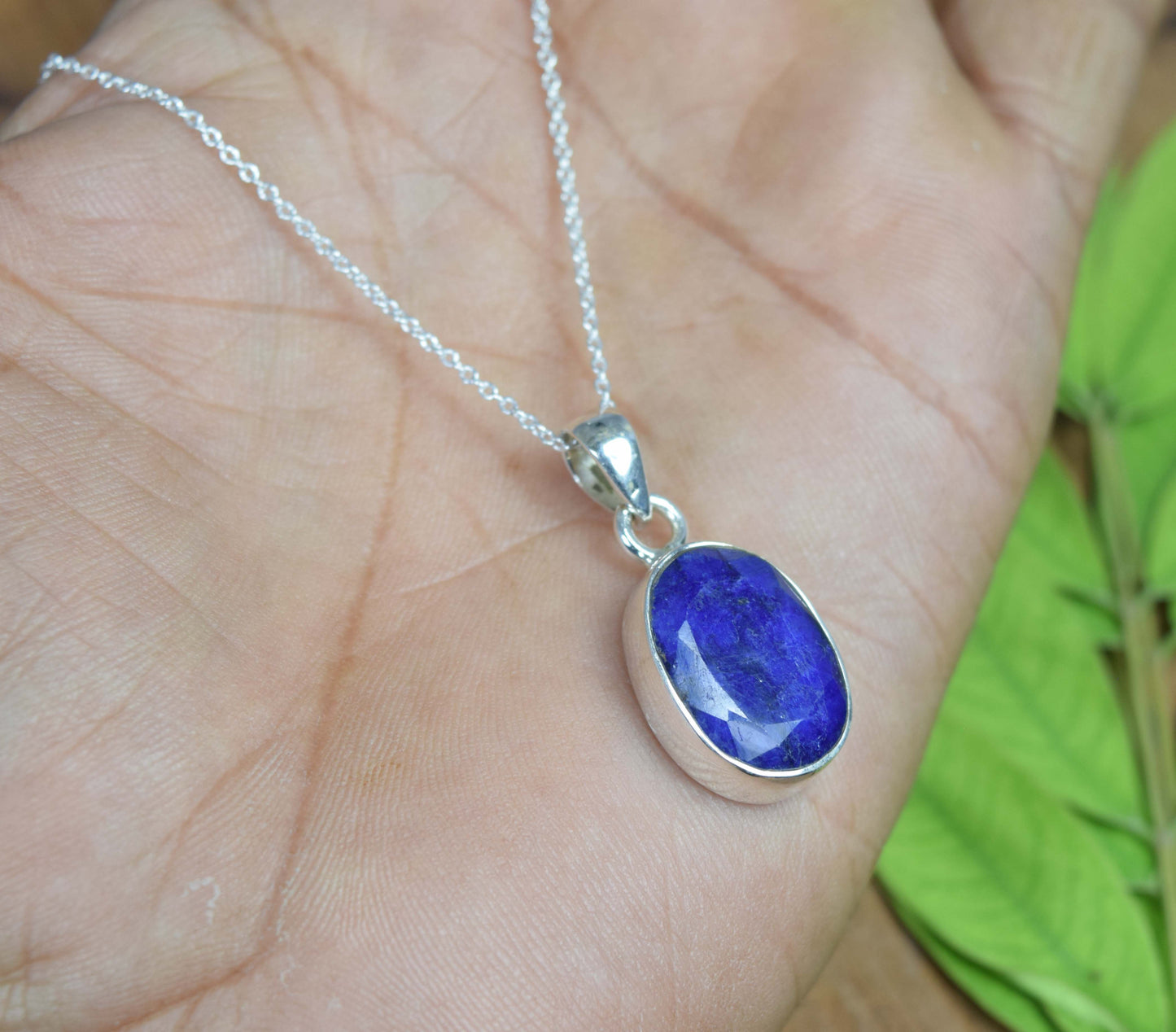 925 Solid Sterling Silver Cut Blue Simulated Sapphire Chain Pendant-19.2 Inch