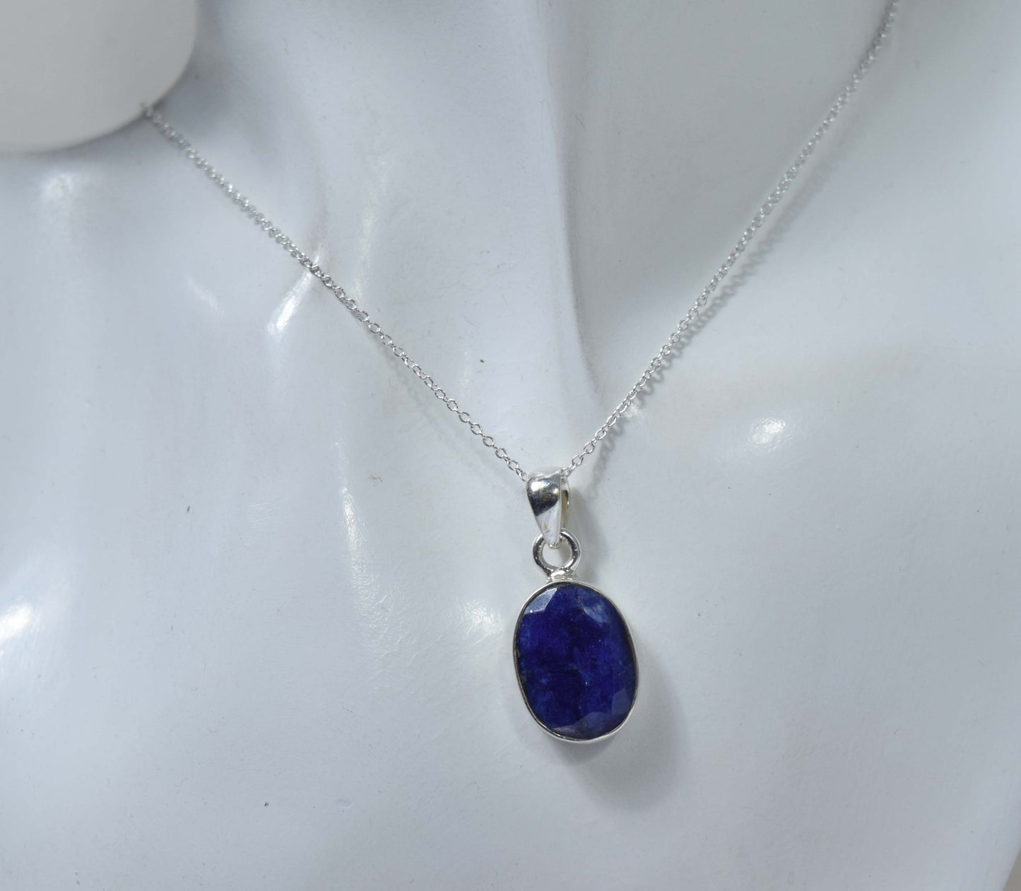 925 Solid Sterling Silver Cut Blue Simulated Sapphire Chain Pendant-19.2 Inch