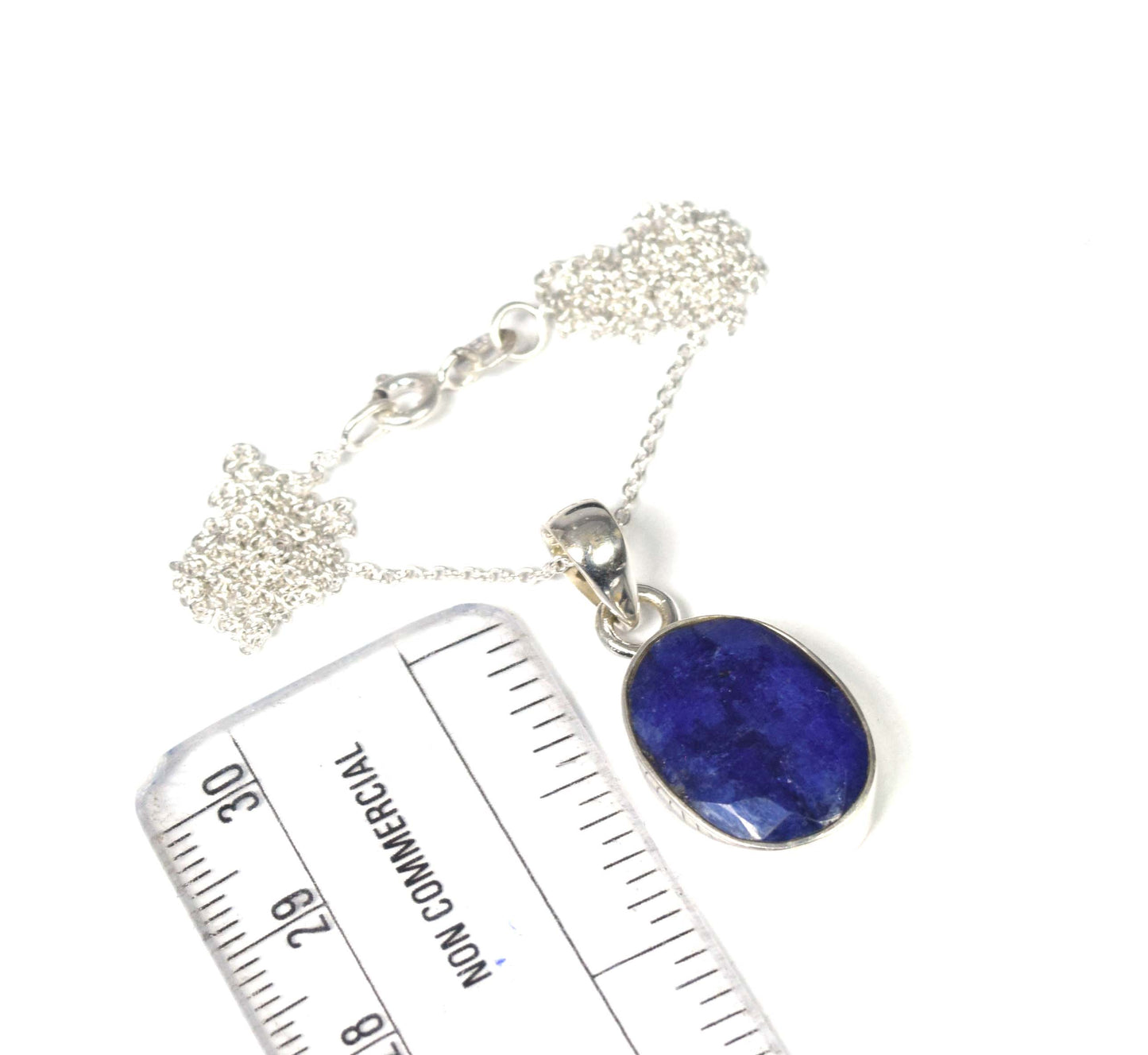 925 Solid Sterling Silver Cut Blue Simulated Sapphire Chain Pendant-19.2 Inch