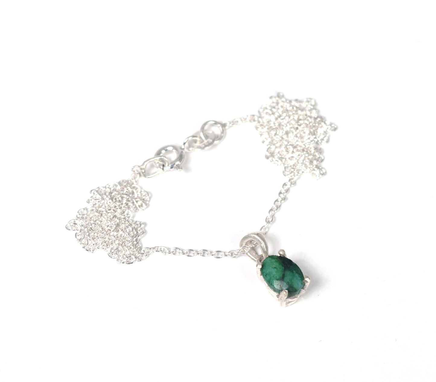 925 Solid Sterling Silver Cut Simulated Emerald Chain Pendant-18.5 Inch