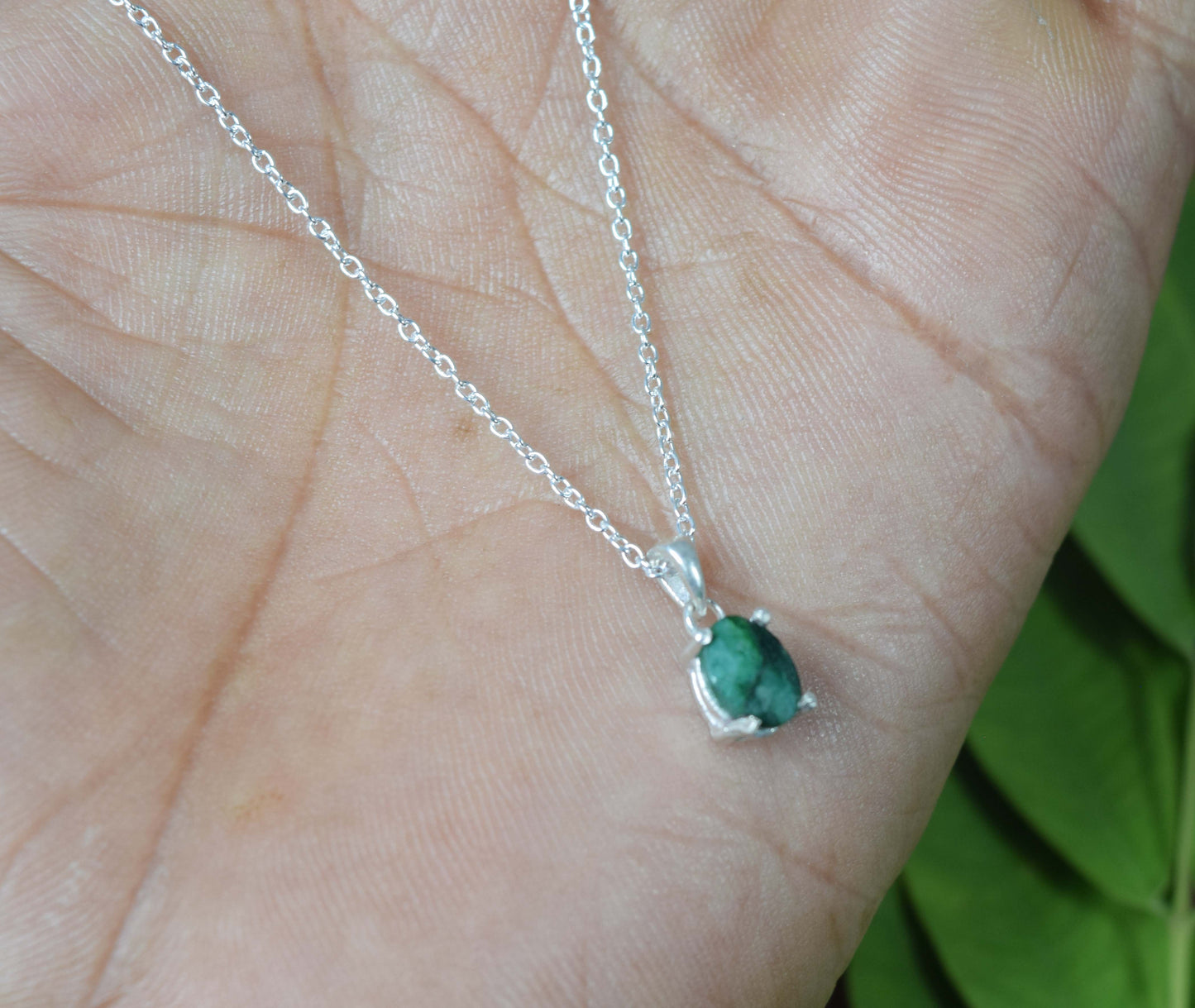 925 Solid Sterling Silver Cut Simulated Emerald Chain Pendant-18.5 Inch