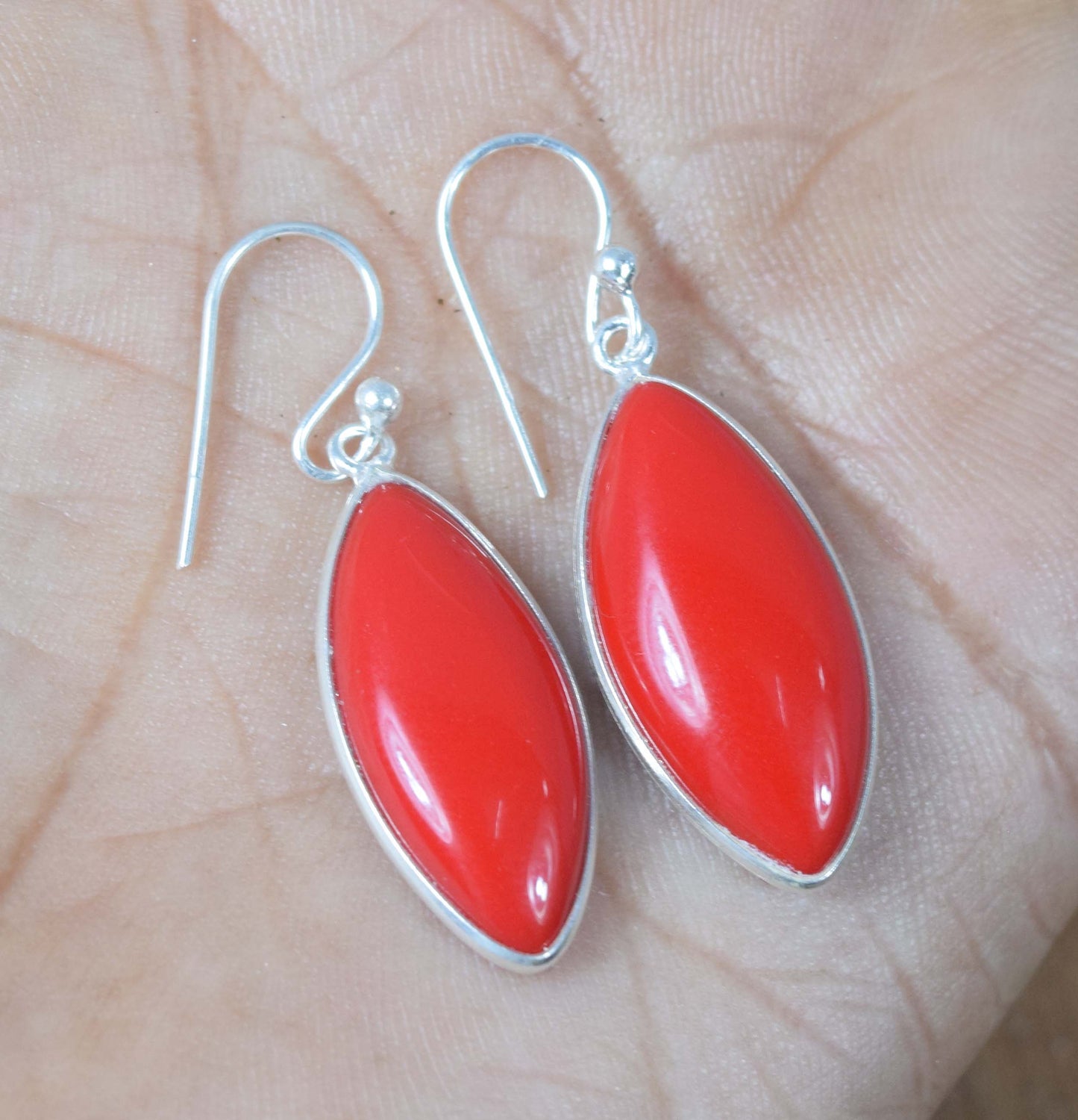 925 Solid Sterling Silver Red Coral Hook Earring-1.5 Inch