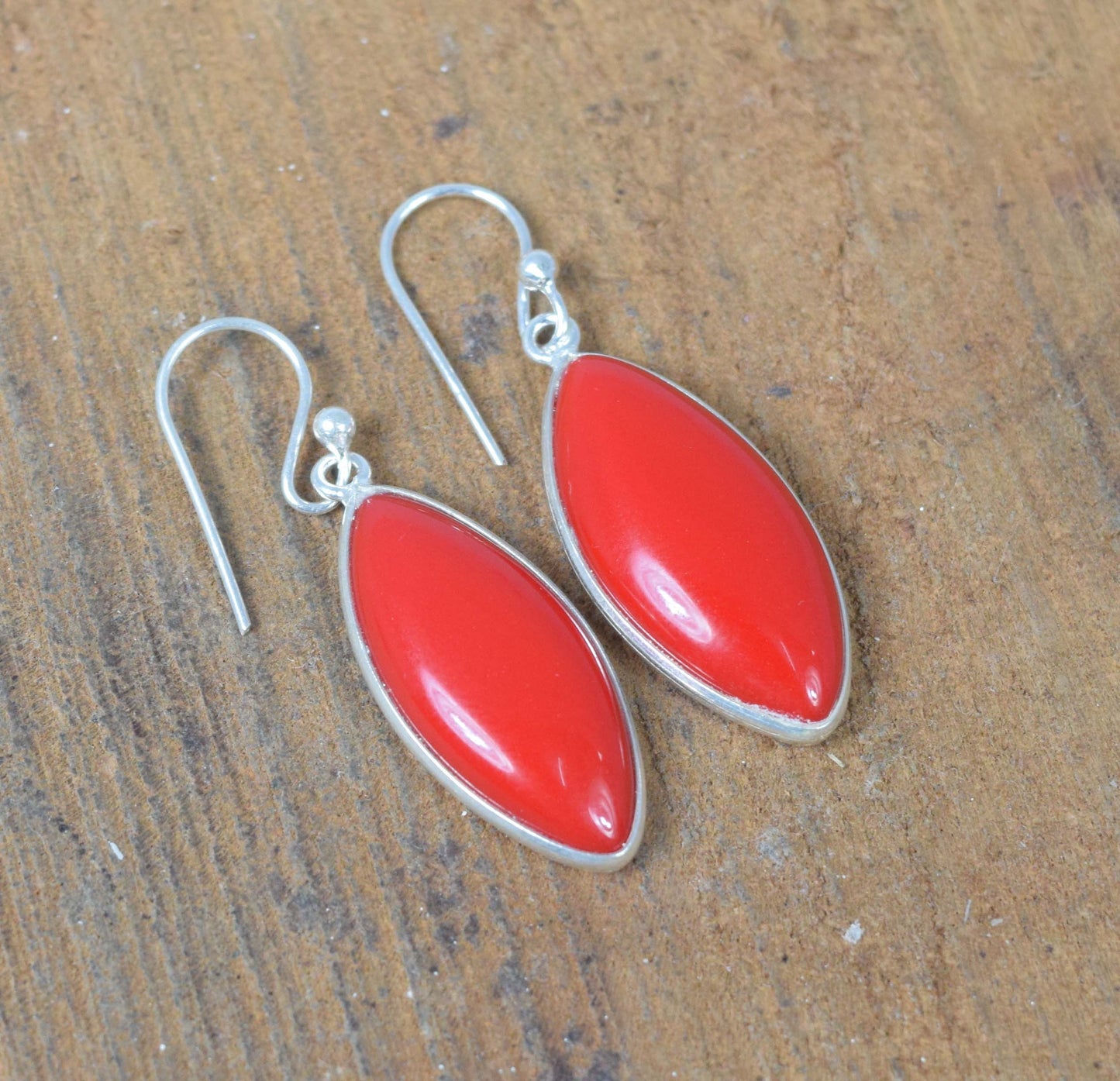 925 Solid Sterling Silver Red Coral Hook Earring-1.5 Inch