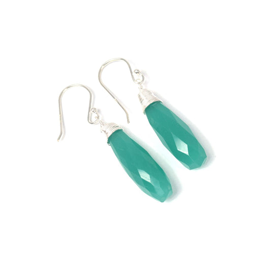 925 Solid Sterling Silver Cut Green Onyx Hook Earring-1.6 Inch