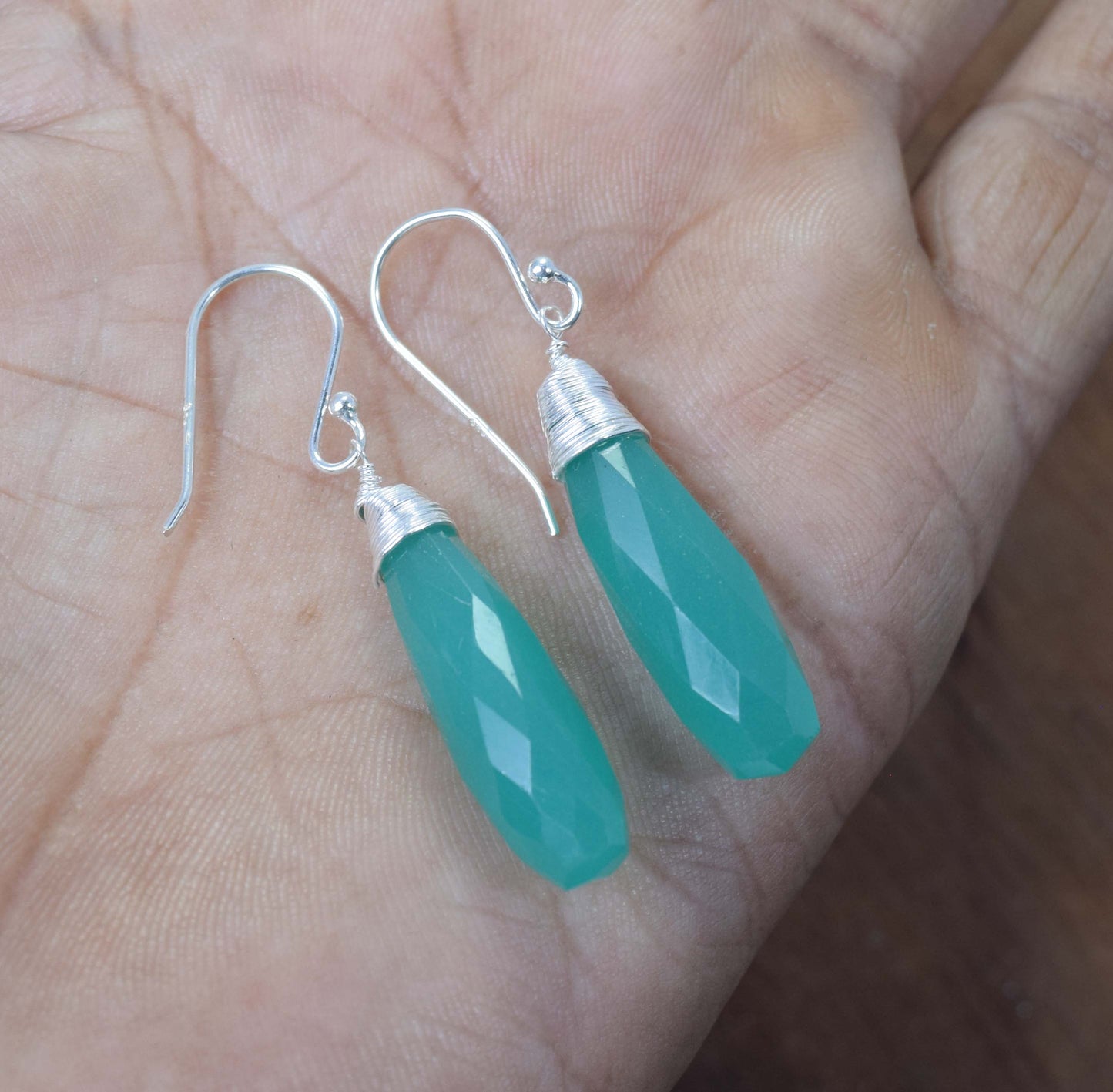 925 Solid Sterling Silver Cut Green Onyx Hook Earring-1.6 Inch