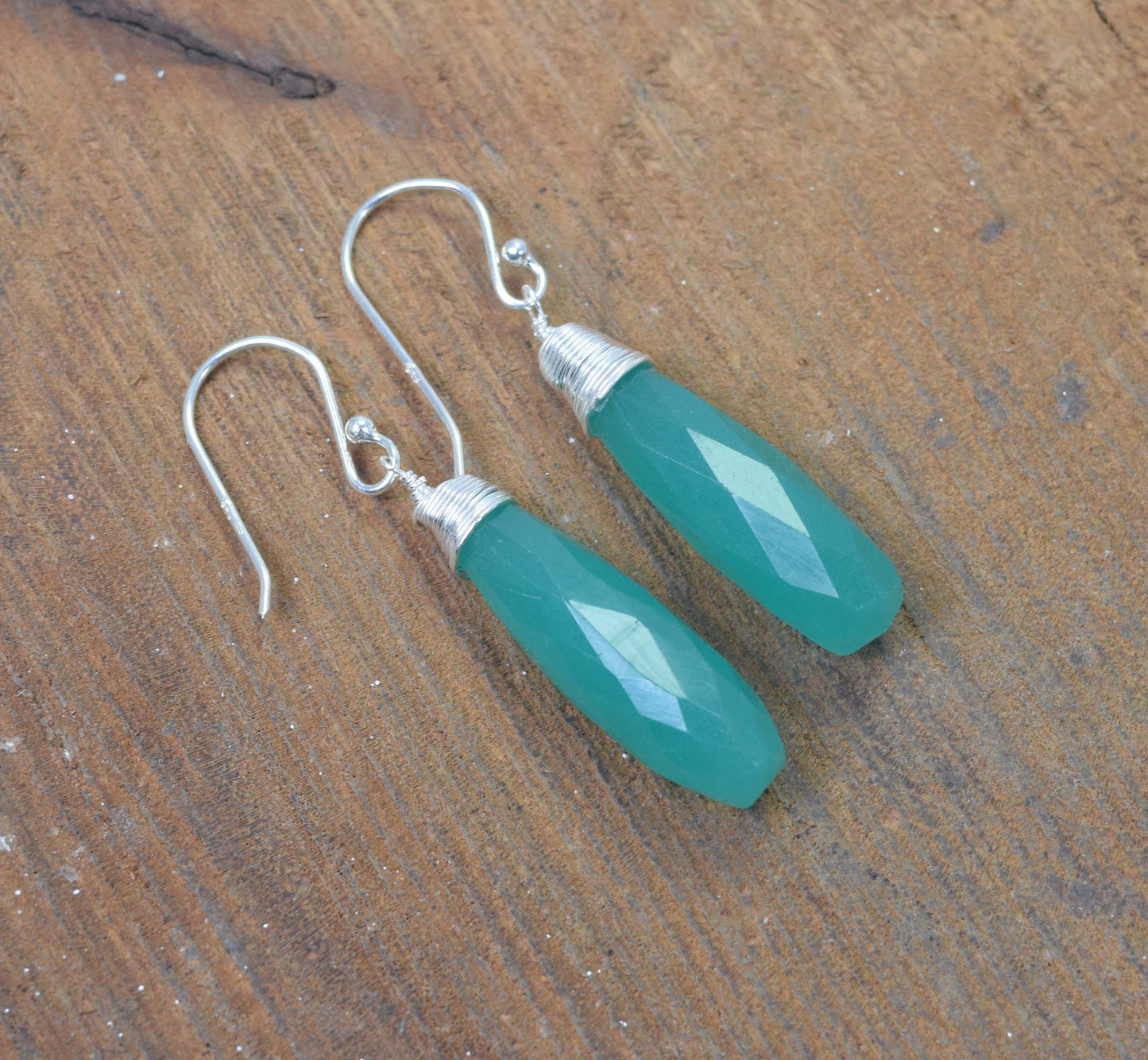 925 Solid Sterling Silver Cut Green Onyx Hook Earring-1.6 Inch