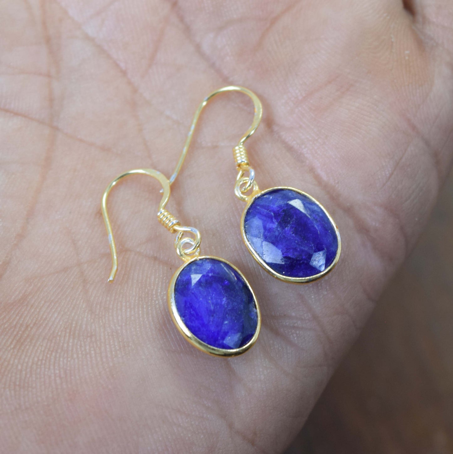 925 Sterling Silver 24CT Gold Overlay Cut Simulated Sapphire Hook Earring
