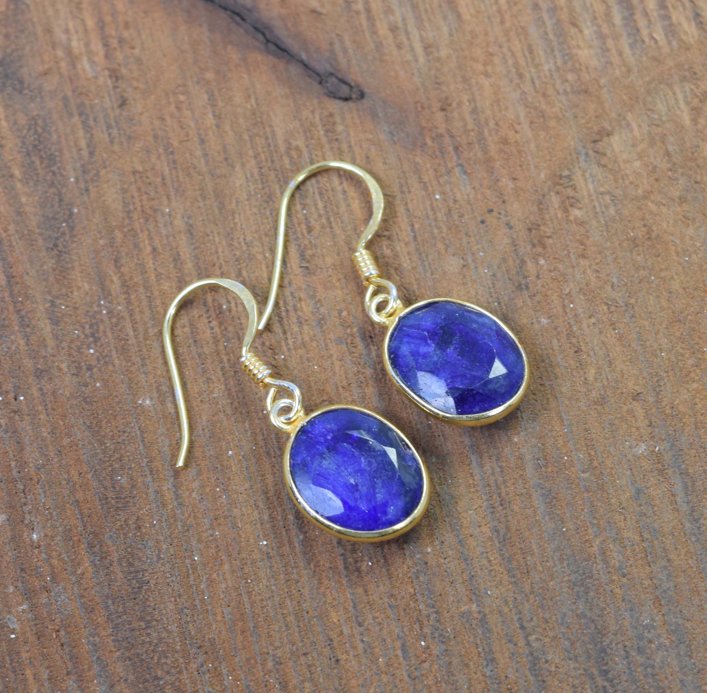925 Sterling Silver 24CT Gold Overlay Cut Simulated Sapphire Hook Earring
