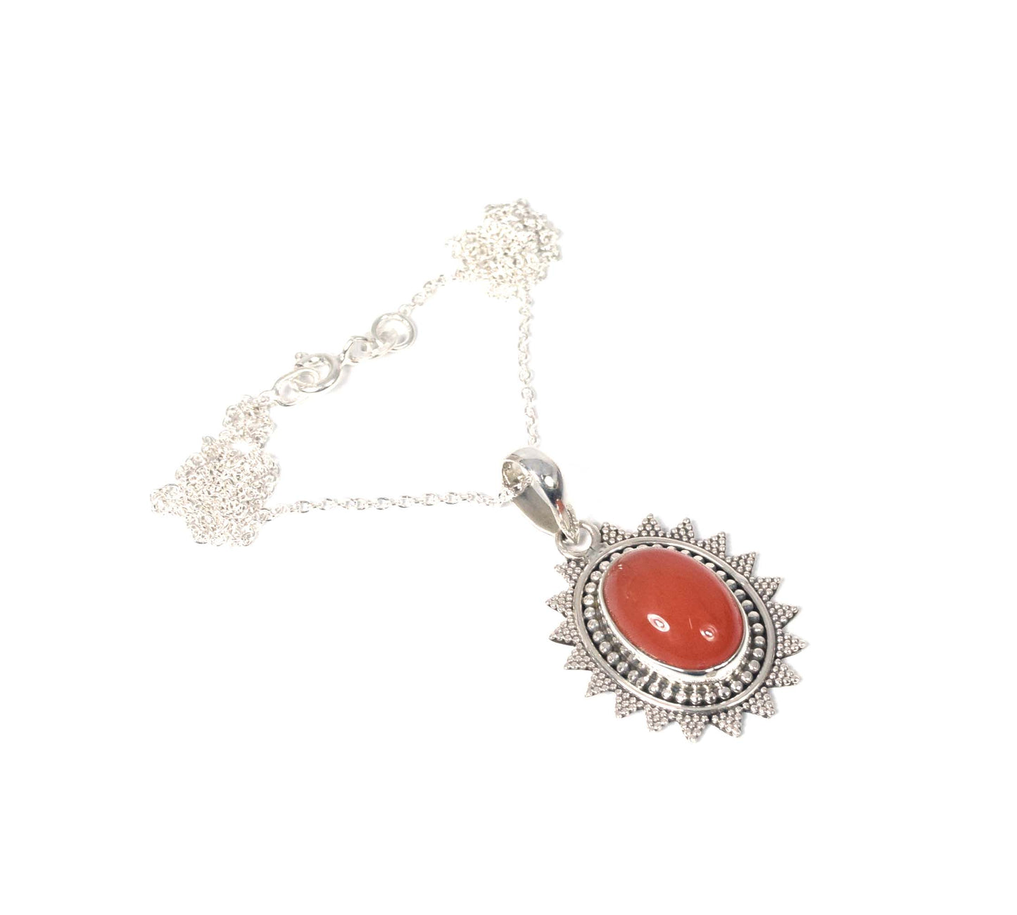 925 Solid Sterling Silver Red Carnelian Chain Pendant-19.3 Inch