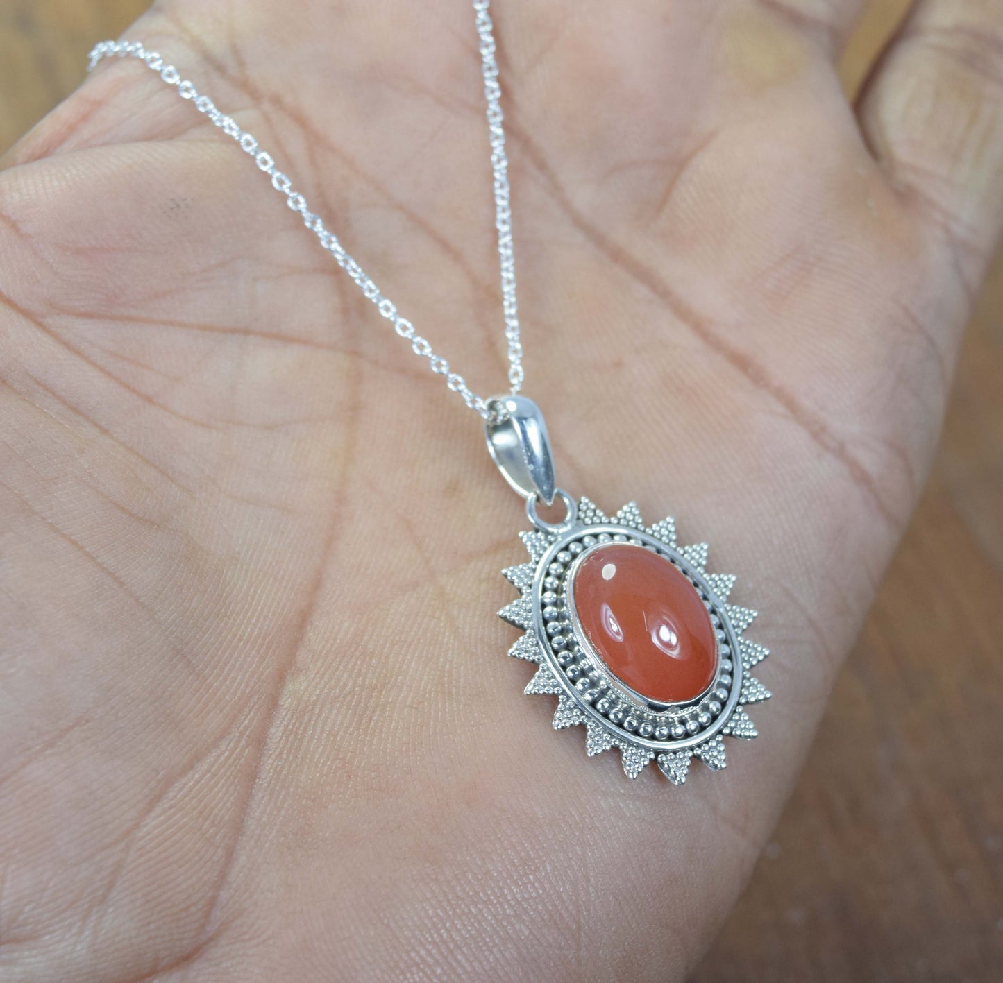 925 Solid Sterling Silver Red Carnelian Chain Pendant-19.3 Inch
