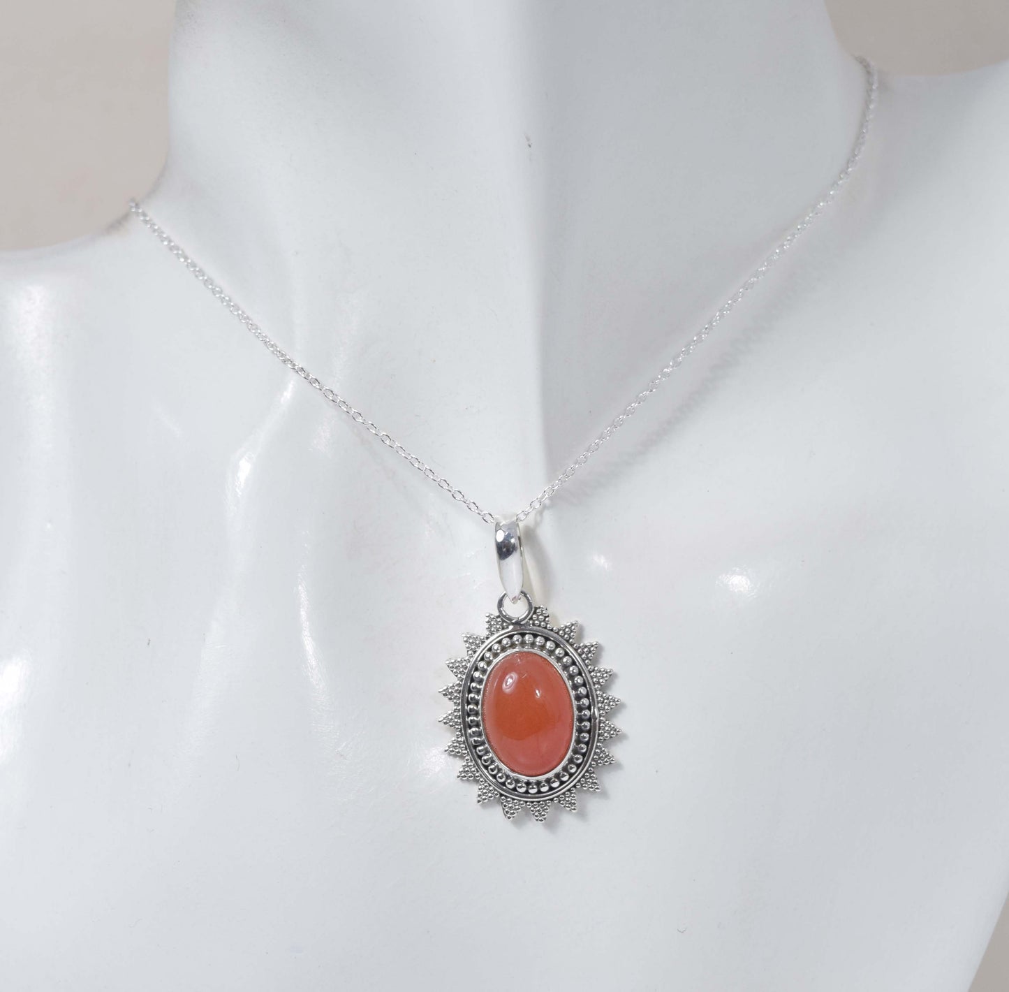 925 Solid Sterling Silver Red Carnelian Chain Pendant-19.3 Inch