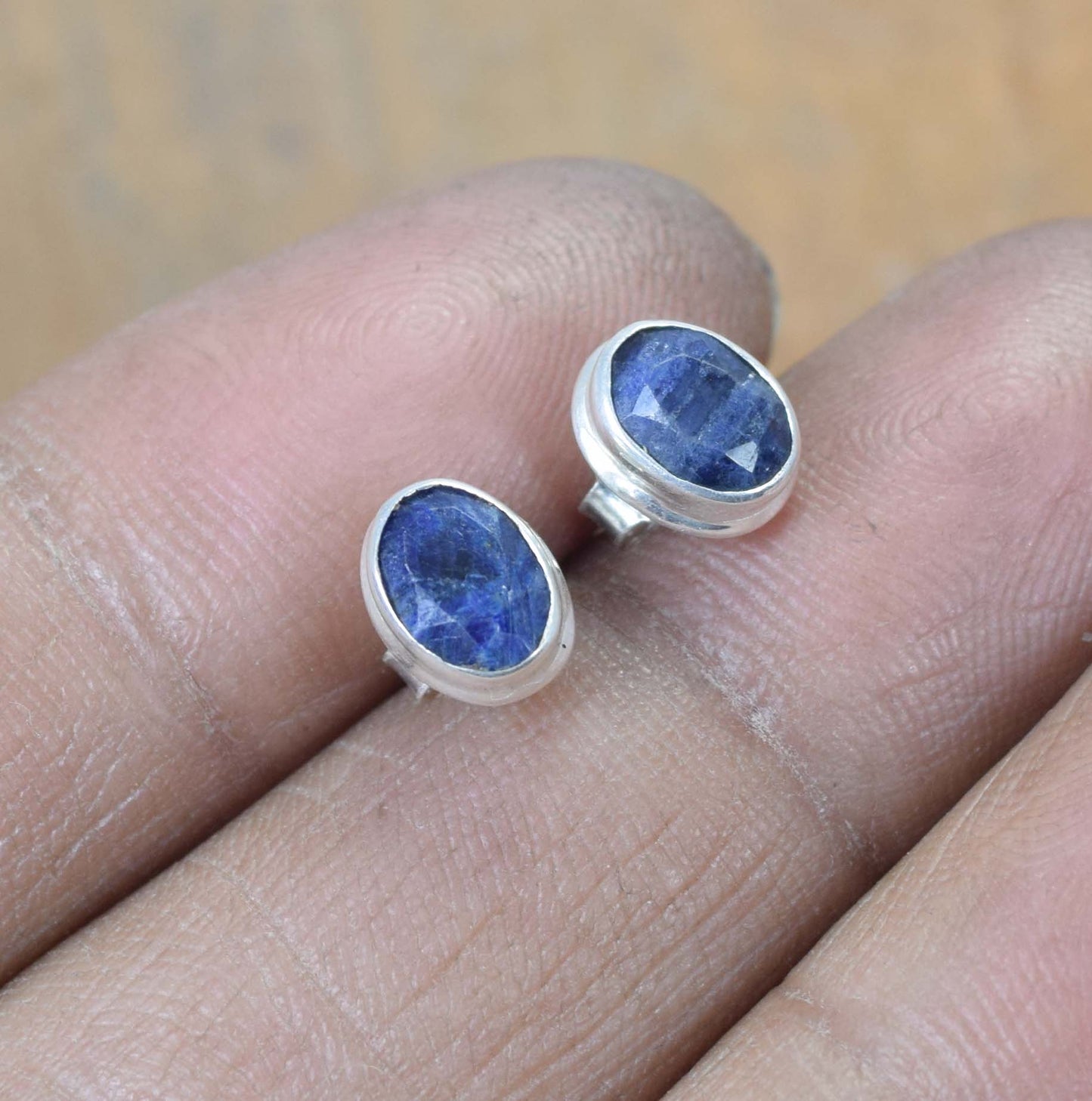 925 Solid Sterling Silver Cut Blue Simulated Sapphire Stud Earring