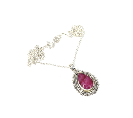 925 Solid Sterling Cut Simulated Ruby Chain Pendant-19 Inch