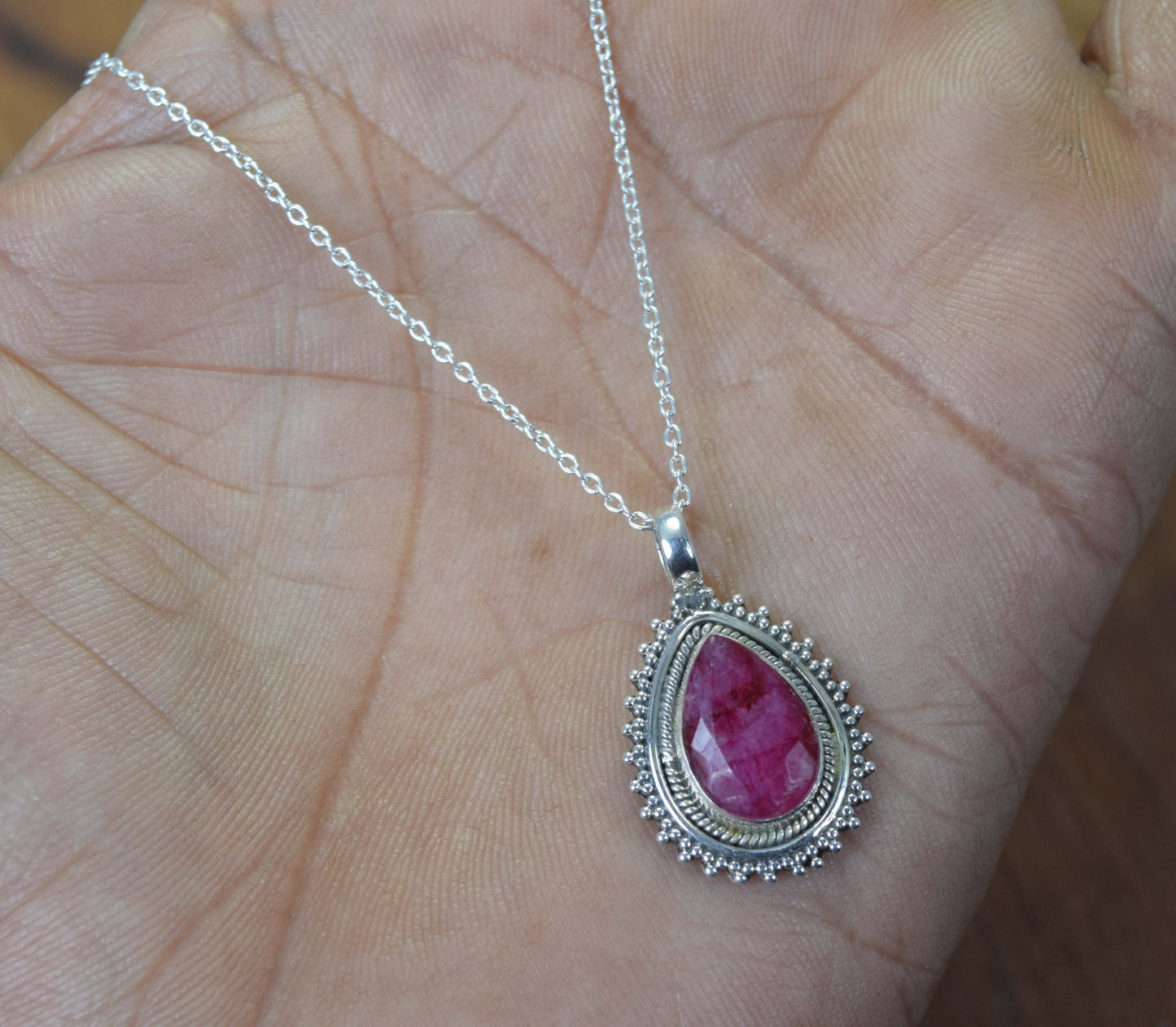 925 Solid Sterling Cut Simulated Ruby Chain Pendant-19 Inch