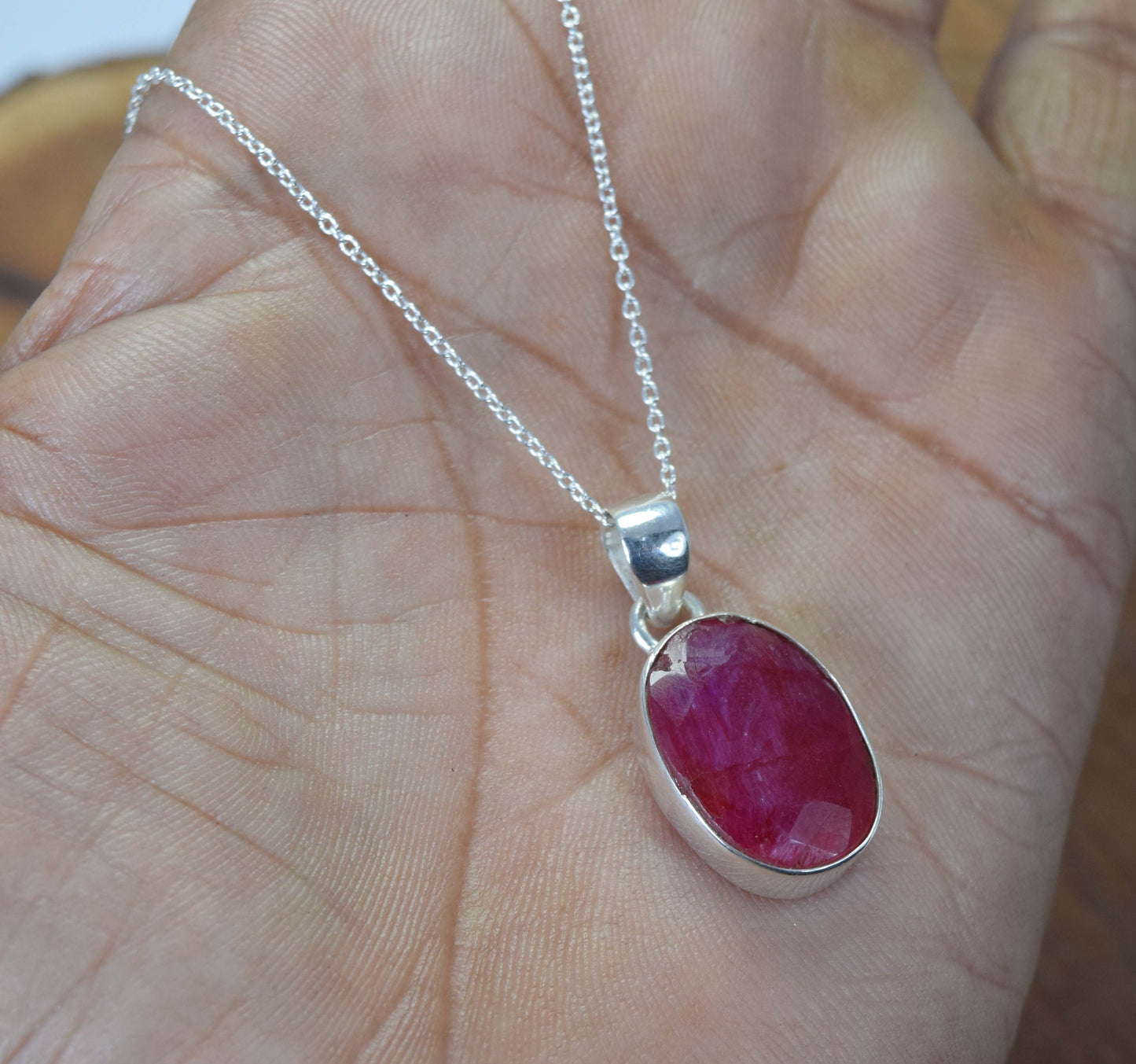 925 Solid Sterling Cut Simulated Ruby Chain Pendant-19.2 Inch