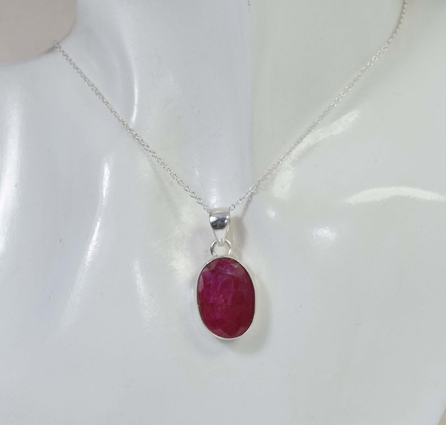 925 Solid Sterling Cut Simulated Ruby Chain Pendant-19.2 Inch