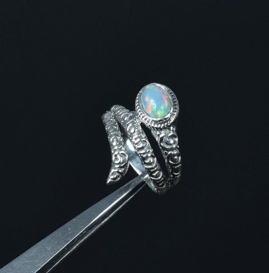 925 Solid Sterling Silver Natural Ethiopian Opal Snake Style Ring - 4.1 Grams