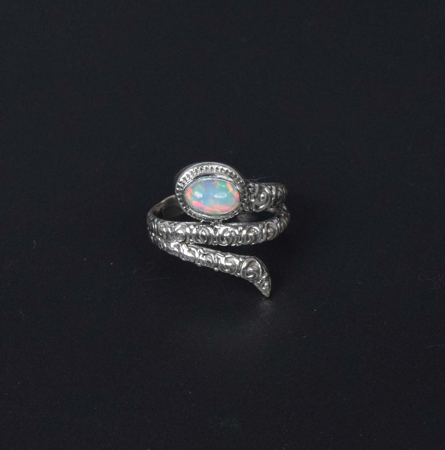 925 Solid Sterling Silver Natural Ethiopian Opal Snake Style Ring - 4.1 Grams