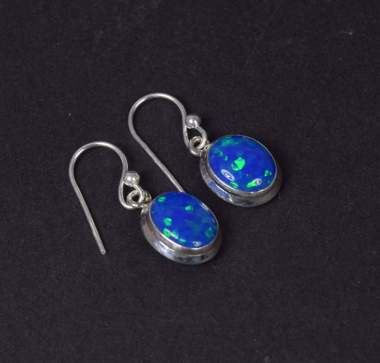 925 Solid Sterling Silver Lab Blue Opal Hook Earring-0.8 Inch
