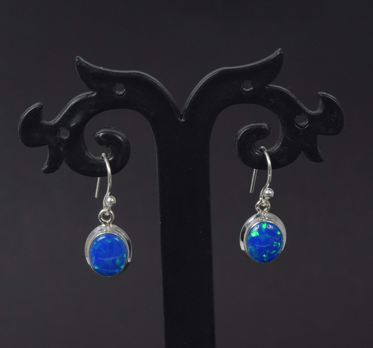 925 Solid Sterling Silver Lab Blue Opal Hook Earring-0.8 Inch