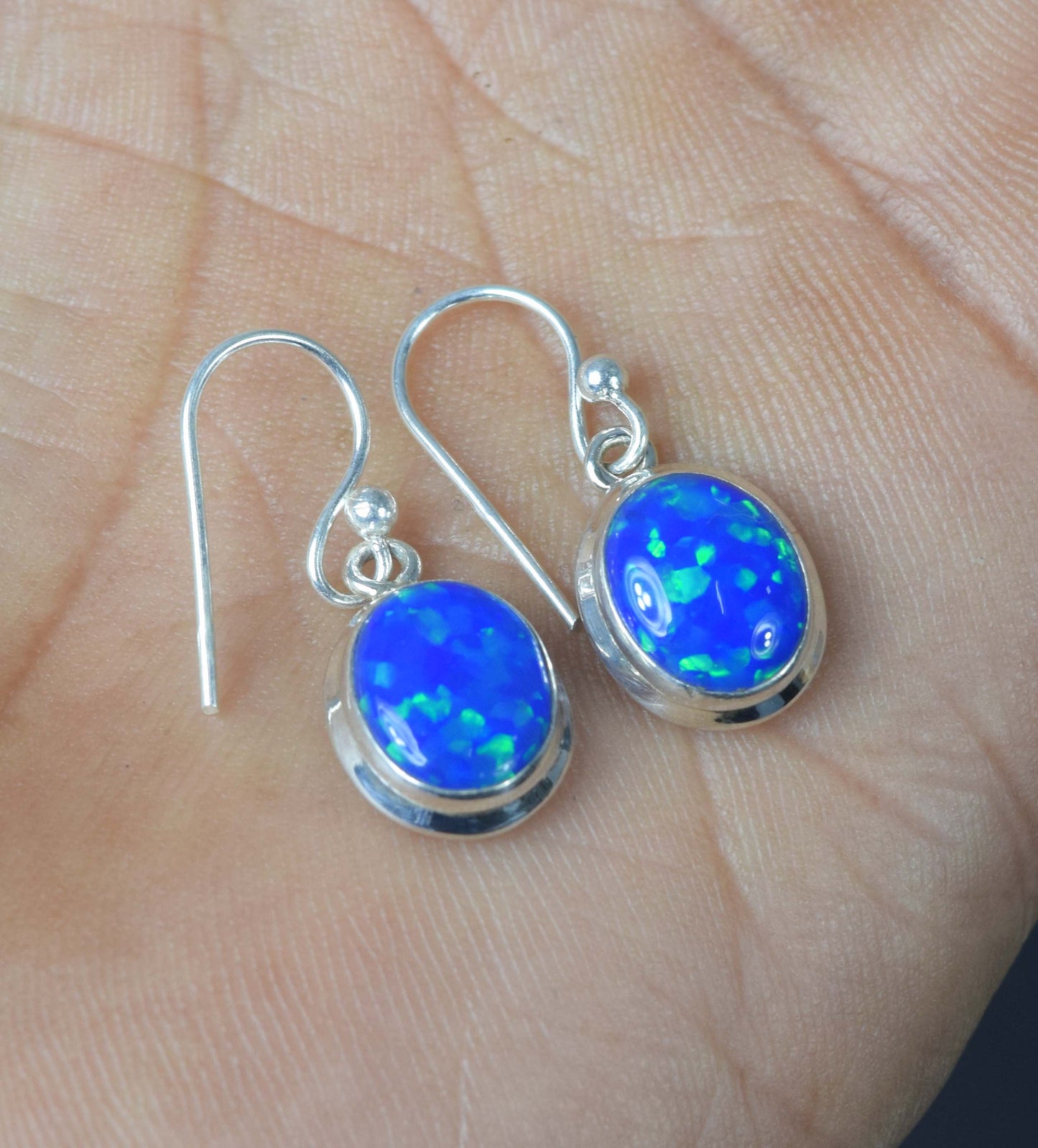 925 Solid Sterling Silver Lab Blue Opal Hook Earring-0.8 Inch