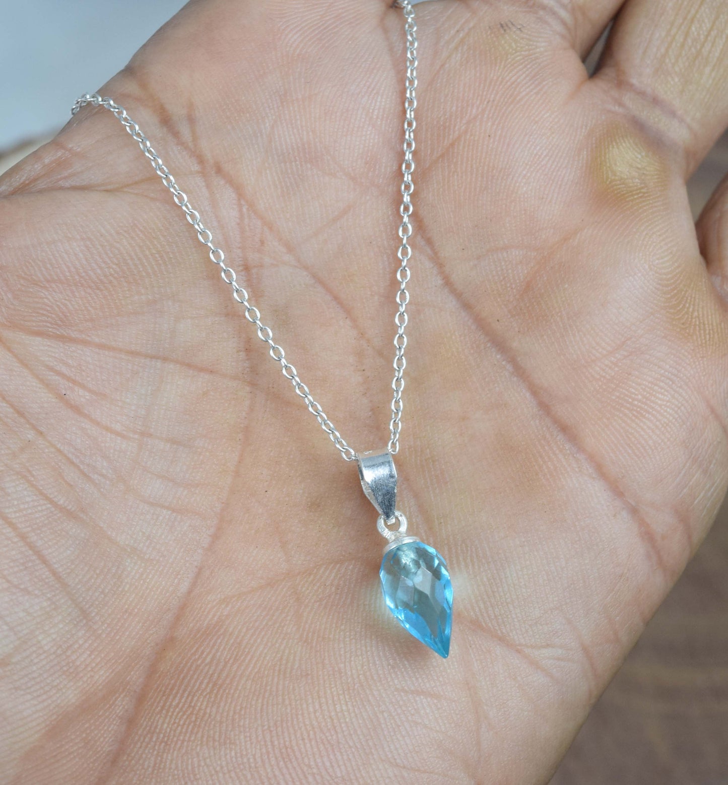 925 Solid Sterling Silver Faceted Blue Quartz Drop Chain Pendant-18.8 Inch