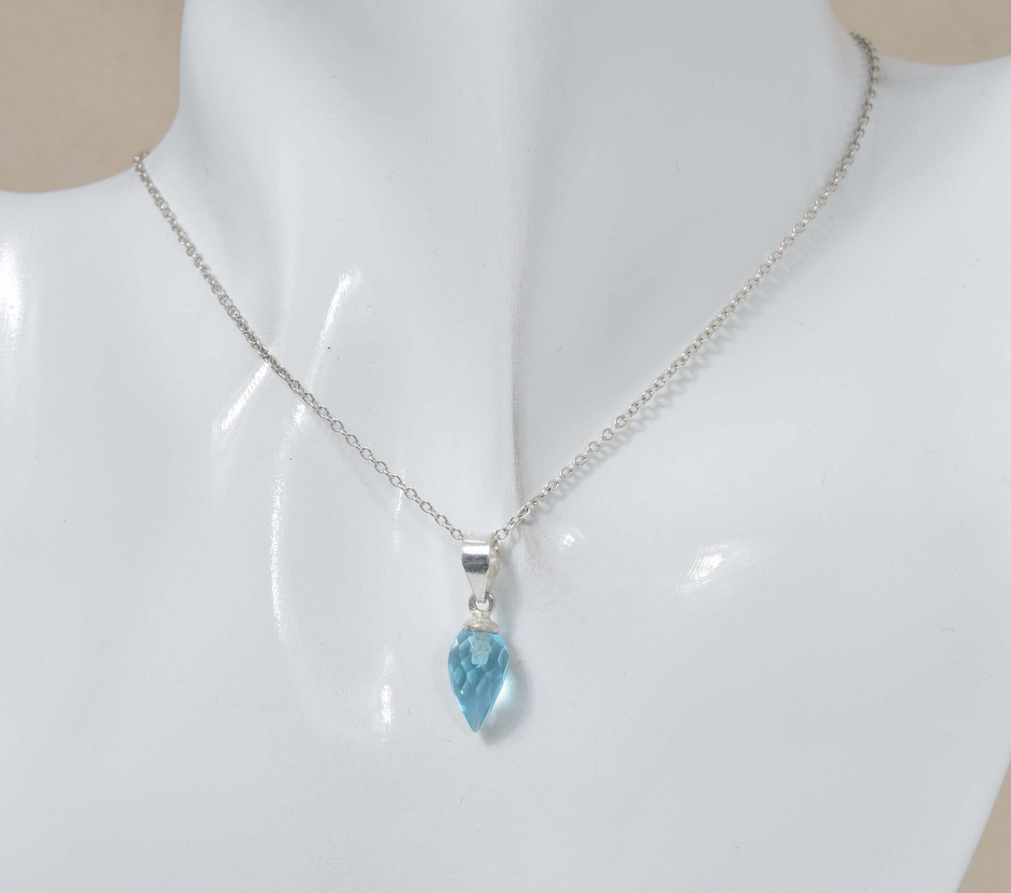 925 Solid Sterling Silver Faceted Blue Quartz Drop Chain Pendant-18.8 Inch